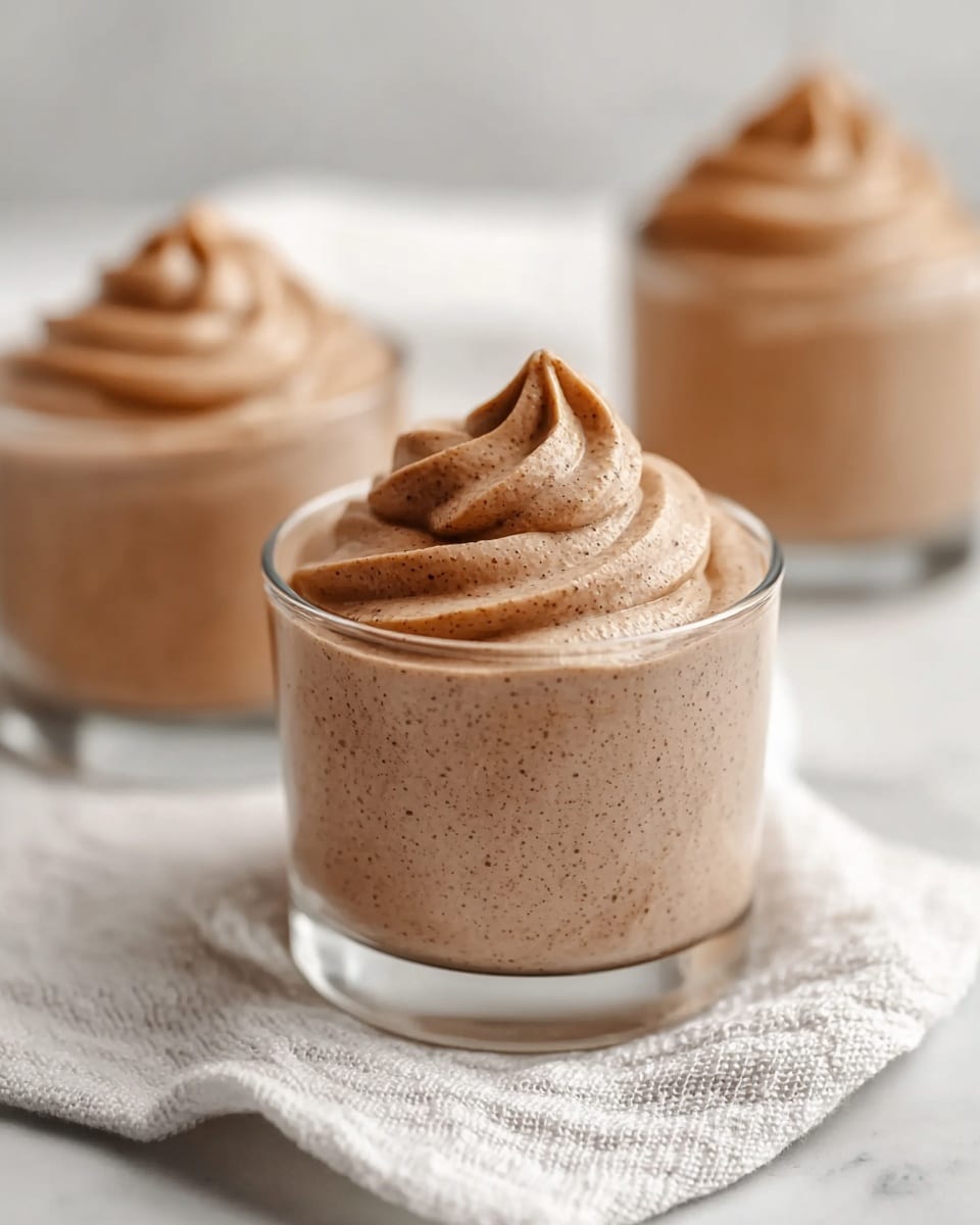 The image shows three clear glass cups filled with a single thick layer of light brown mousse with tiny dark specks, each topped with a smooth swirl and a small peak in the center. The glasses sit on a white textured cloth resting on a white marbled surface, with two cups blurred in the background and one in clear focus in the front. The mousse looks creamy and smooth, with a consistent color and fine texture across all cups. Photo taken with an iphone --ar 4:5 --v 7