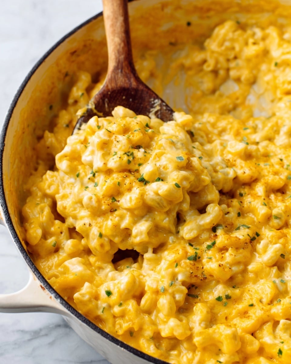 The image shows a close-up of a white cooking pot filled with creamy macaroni and cheese. The macaroni is covered in a thick, smooth, bright yellow-orange cheese sauce with small bits of green herbs sprinkled throughout. A wooden spoon is scooping up a generous portion, showing the macaroni’s soft texture and the rich cheese coating. The pot sits on a white marbled surface, highlighting the warm and comforting look of the dish. Photo taken with an iphone --ar 4:5 --v 7
