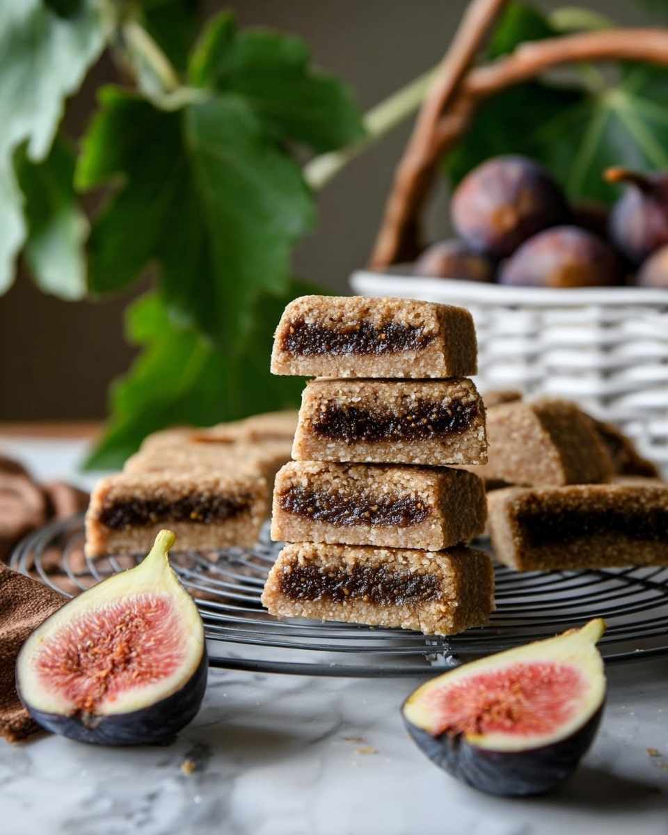 The image shows a stack of rectangular pastries with golden-brown, slightly rough outer layers. Inside, there are two visible thick dark brown layers of filling. In the background, there are whole and cut figs with deep purple and pink inside colors. The pastries sit on a white wire cooling rack, all placed on a white marbled surface. photo taken with an iphone --ar 4:5 --v 7
