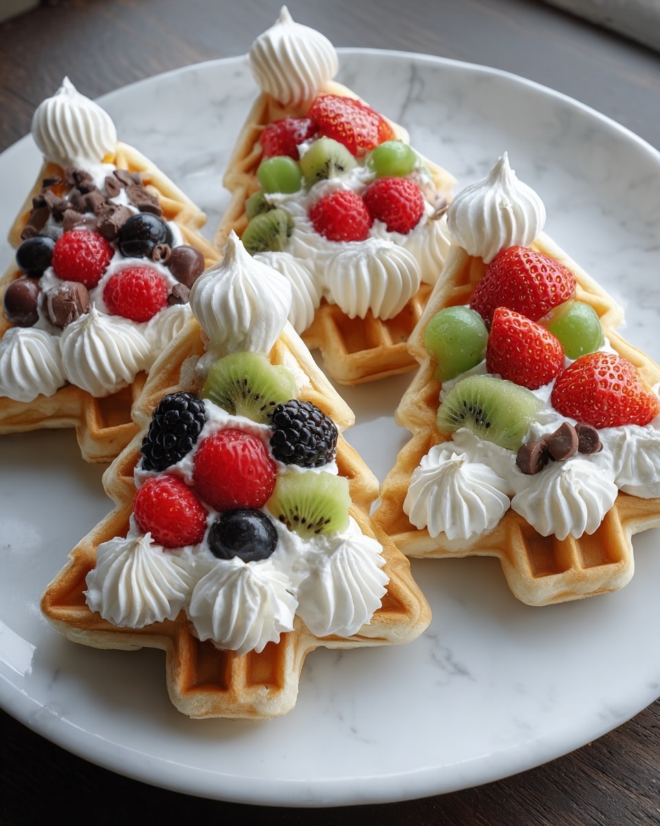 The image shows four tree-shaped waffles on a white plate, each topped with a thick layer of white whipped cream covering most of the waffle surface. On top of the whipped cream, there are small colorful fruit pieces arranged in patterns: red strawberries, red raspberries, blackberries, green grapes, banana slices, orange segments, and dark chocolate chips scattered around. Each waffle has a pointed tip with a dollop of whipped cream. The waffles have a golden-brown texture and the plate sits on a white marbled textured surface. Photo taken with an iphone --ar 4:5 --v 7