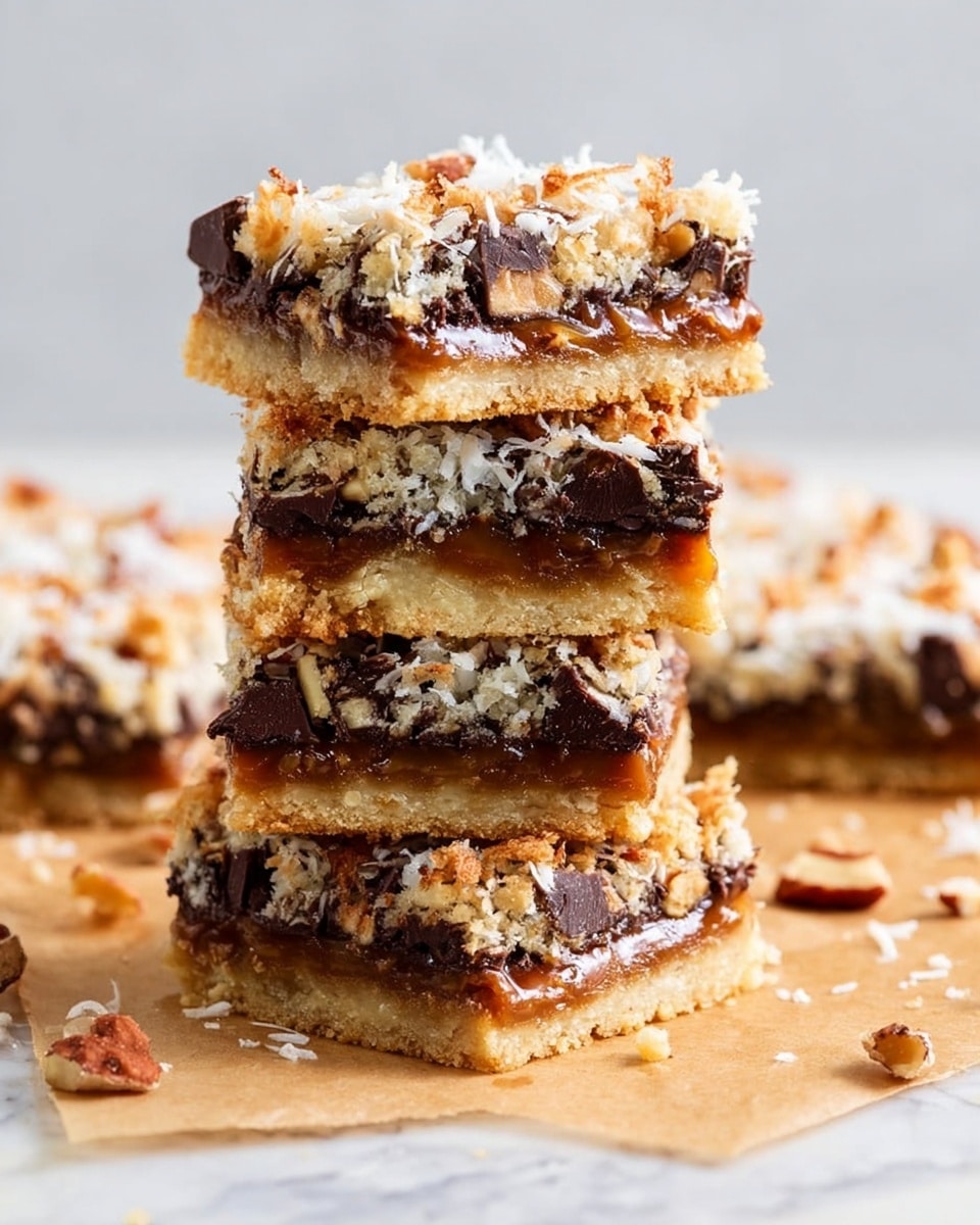 A stack of four square layered bars stands on a piece of light brown parchment paper over a white marbled surface. Each bar has three distinct layers: the bottom layer is a light golden crumbly base, the middle layer is filled with chunks of dark chocolate and gooey caramel, and the top layer is covered in a mix of shredded coconut and chopped nuts, giving a textured and crunchy look. The bars are thick with visible pieces of nuts and chocolate embedded throughout. Some scattered crumbs and nut pieces surround the stack, adding a rustic feel. Photo taken with an iphone --ar 4:5 --v 7
