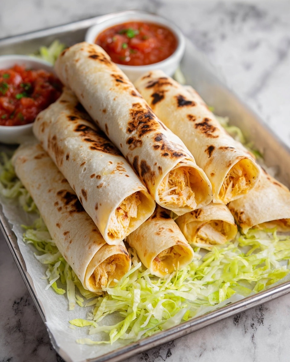 The image shows a stack of six rolled tortillas placed side by side on a white parchment paper lined metal tray, with light brown char marks on the tortillas' surface giving a grilled look. Inside the tortillas, there is a visible shredded chicken filling with a light orange color. Underneath the tortillas, there is a bed of shredded light green and white lettuce spread out loosely. At the back of the tray, there is a small white bowl filled with chunky red salsa, showing bits of tomatoes and green herbs. The whole setup is on a white marbled surface. photo taken with an iphone --ar 4:5 --v 7