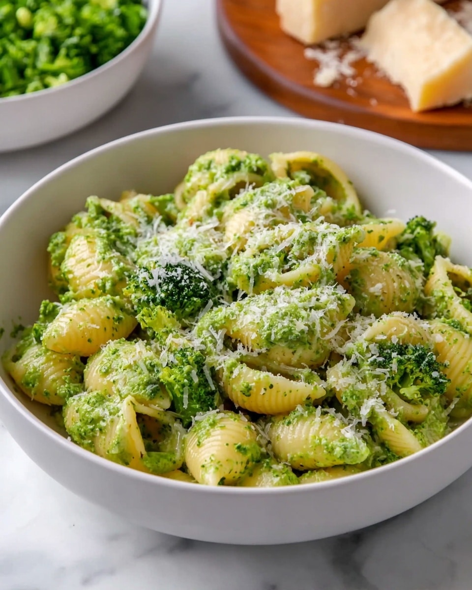 The image shows a white bowl filled with pasta shells covered in a thick, green broccoli sauce with small, visible broccoli pieces. The pasta is pale yellow, and the sauce adds a textured green layer all around it. On top, there is a light sprinkle of grated white cheese creating a fine, powdery look. The bowl is placed on a white marbled surface, with part of another white bowl of chopped greens blurred in the background, along with a wooden board holding some cheese. Photo taken with an iphone --ar 4:5 --v 7