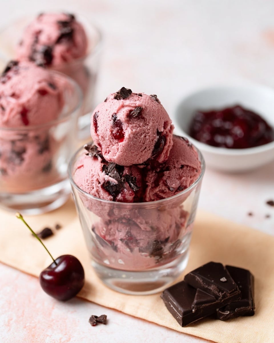 The image shows two clear glass cups filled with a creamy pinkish-red dessert that looks like a frozen mousse or sorbet. The dessert has chunks of dark chocolate pieces mixed inside and sprinkled on top. The texture is smooth with some berry bits visible. Each cup has about one large scoop with a shiny silver spoon stuck into one of them. The cups sit on a white marbled surface with a piece of chocolate and a small bowl of dark berries nearby. photo taken with an iphone --ar 4:5 --v 7