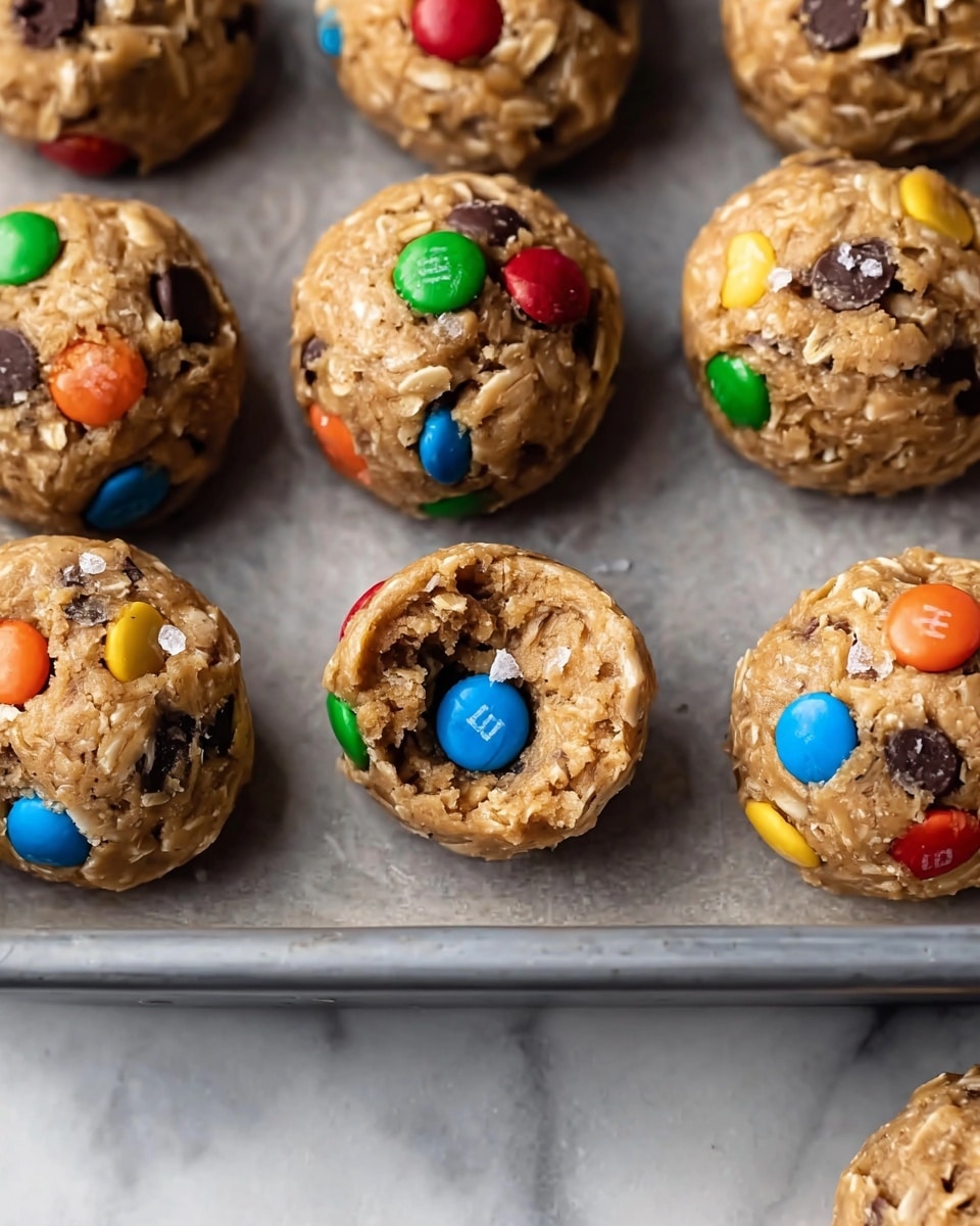 The image shows a baking tray filled with round cookie dough balls that have a rough, oat-studded texture. Each dough ball is light brown with visible oats and scattered colorful candy-coated chocolate pieces in red, blue, green, orange, and yellow, along with some dark chocolate chips. One dough ball at the center is bitten, revealing a soft, crumbly inside with a bright blue candy and a small sprinkle of coarse salt. The tray sits on a white marbled surface. photo taken with an iphone --ar 4:5 --v 7