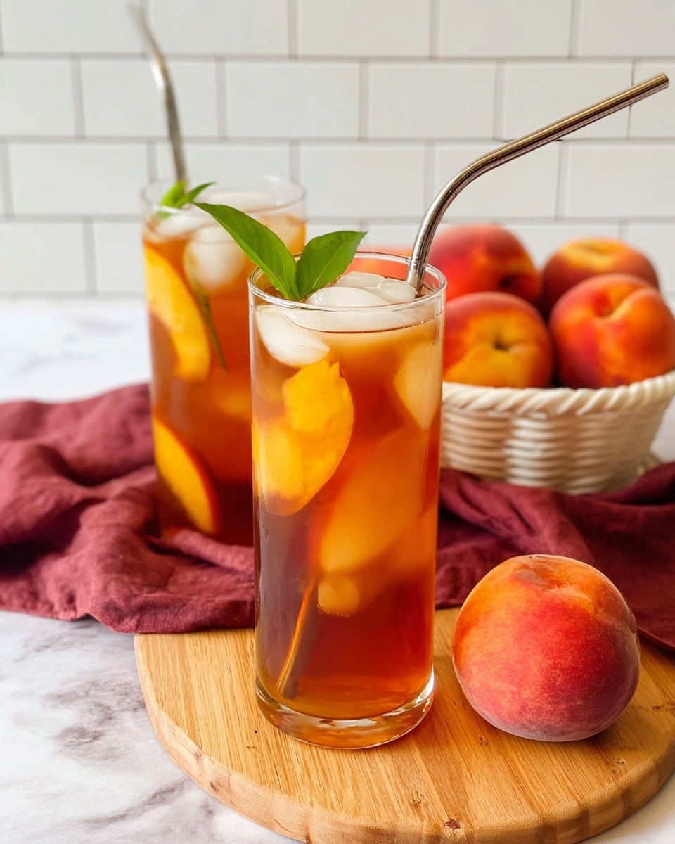 Two clear glasses filled with iced peach tea sit on a round wooden board placed on a white marbled surface. Each glass contains amber-colored tea with several ice cubes floating near the top and bright orange peach slices inside. The front glass is garnished with fresh green mint leaves and both glasses have shiny metal straws angled outward. Behind the board, a white container holds four whole red and orange peaches, with a burgundy cloth draped softly in the background. The setting is against a white tiled wall. photo taken with an iphone --ar 4:5 --v 7