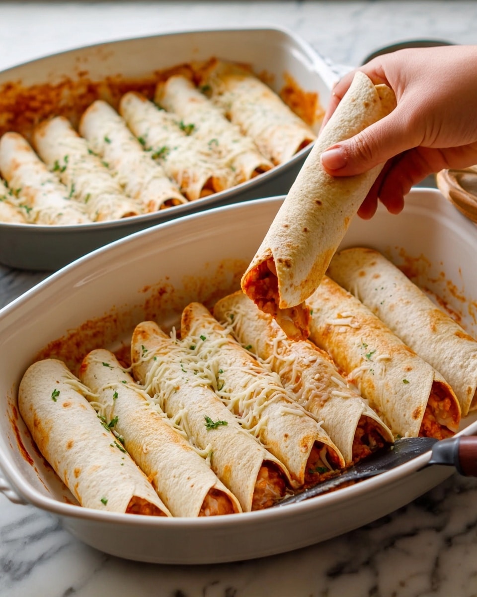 A white oval baking dish holds eight rolled tortillas filled with a reddish-orange sauce and shredded cheese, sprinkled lightly with green herbs on top. The tortillas are evenly aligned side by side, each showing slightly roughed and soft textures with some cheese strings visible. In the front, a woman's hand lifts one rolled tortilla showing the sauce and melted cheese inside, while a dark-handled spatula rests on the side of the dish with melted cheese draped over it. Behind the dish, there is another similar baking dish filled with more rolled tortillas, all sitting on a white marbled surface. photo taken with an iphone --ar 4:5 --v 7