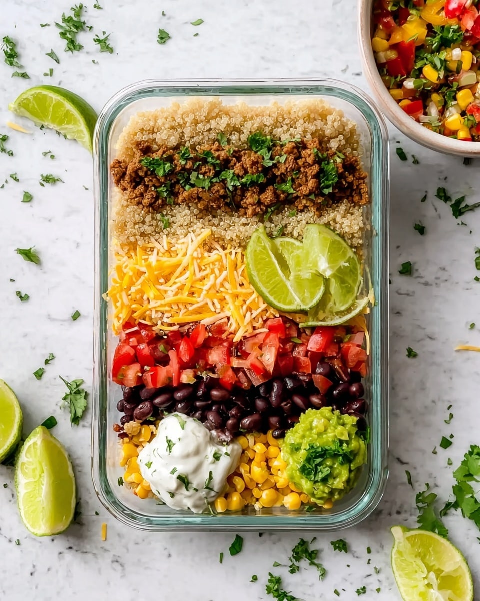 A clear rectangular glass container holds a neatly arranged dish with six main layers in horizontal stripes. Starting from the left, the first layer is light beige quinoa, followed by a layer of cooked brown ground meat sprinkled with green herbs. Next to it is a dark black bean layer topped with more fresh green herbs, then a bright yellow roasted corn layer. On the right side, there is a pile of shredded pale yellow cheese, a dollop of white sour cream next to a green scoop of guacamole, and finally, diced red tomatoes with green herb sprinkles. Three lime slices are placed on the quinoa side inside the container, and extra lime slices along with scattered bits of fresh herbs and corn kernels are on a white marbled surface around the dish. In the background, a white bowl with a mixed colorful salad is partially visible. Photo taken with an iphone --ar 4:5 --v 7