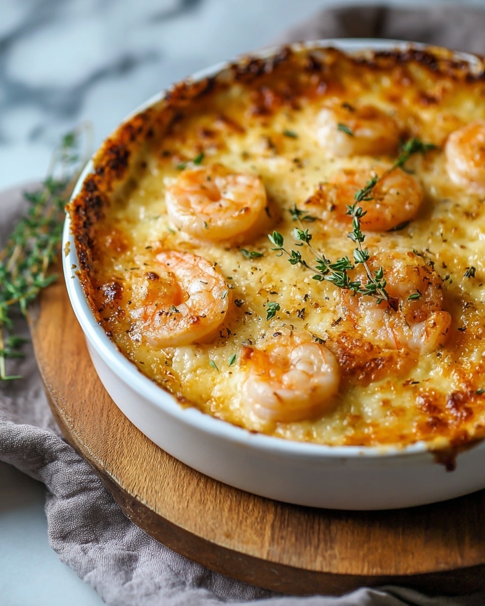 A close-up of a round white casserole dish filled with a golden brown baked shrimp gratin, featuring plump, pink shrimp scattered evenly on the top layer along with melted, bubbly cheese that has a slightly crispy, browned texture. Small green sprigs of fresh herbs are placed on the surface for garnish, and the edges of the dish show some browned, crispy bits. The casserole dish is placed on a wooden board with a soft gray cloth nearby, all set against a white marbled background. Photo taken with an iphone --ar 4:5 --v 7