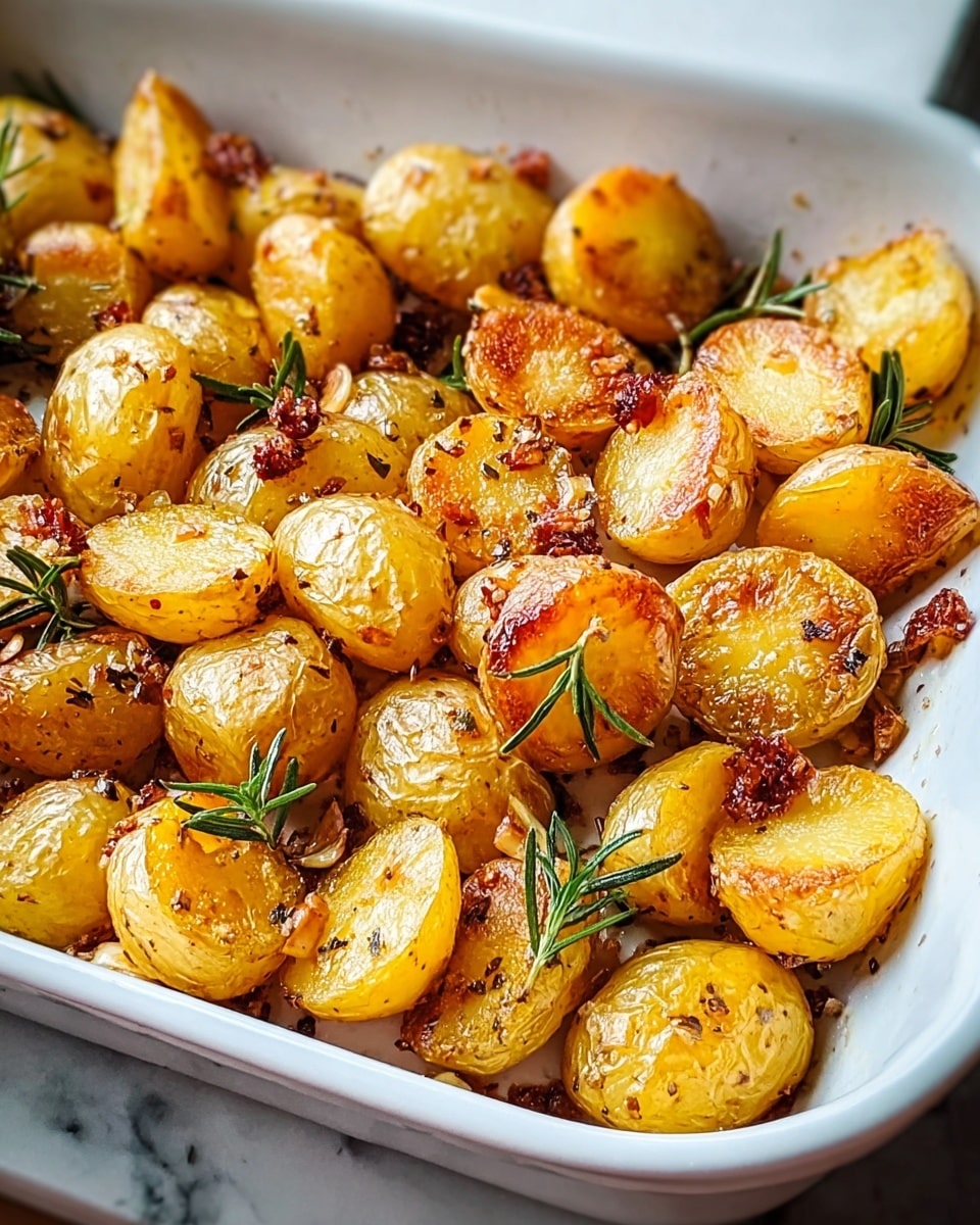 The image shows a white baking dish filled with roasted baby potatoes, cut in half, with golden brown crispy skins and soft yellow centers. The potatoes are spread in a single thick layer, mixed with small bits of garlic and sprigs of fresh rosemary scattered on top, adding green and white texture contrasts. The potatoes have a shiny, slightly oily surface from roasting, with some browning and crisp edges that show a crunchy texture. The baking dish is placed on a white marbled surface, with soft natural light coming from the side. photo taken with an iphone --ar 4:5 --v 7