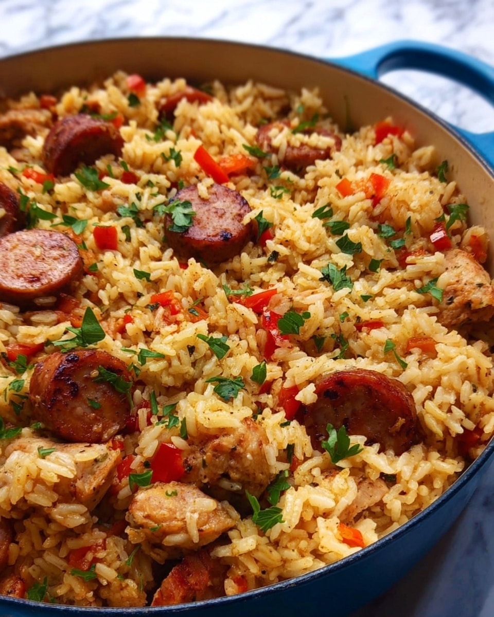 A close-up view of a white saucepan filled with cooked yellow rice mixed with small red bell pepper pieces and green herbs scattered throughout. On top, there are several slices and chunks of browned sausage arranged unevenly, showing a slightly crisp texture. The rice looks soft and fluffy, with a few fresh green parsley leaves adding color. The whole scene is placed on a white marbled surface which contrasts nicely with the warm tones of the food. photo taken with an iphone --ar 4:5 --v 7