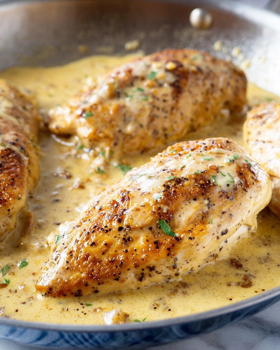 The image shows three cooked chicken breasts in a pan, each piece golden brown with visible black pepper and spices on the crispy surface. They are covered with a creamy light yellow sauce that has small bits of onion or garlic and tiny green herb leaves sprinkled on top. The sauce looks thick and smooth, pooling slightly around the chicken. The pan has a shiny metal edge and blue striped sides, sitting over a white marbled surface. The lighting highlights the texture of the chicken and the creamy sauce in a close-up view. photo taken with an iphone --ar 4:5 --v 7