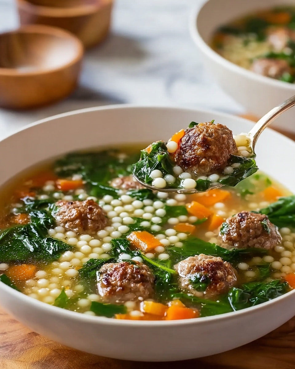 The image shows a white bowl filled with a clear broth soup that has small browned meatballs floating on the surface. There are bright orange carrot chunks and dark green leafy spinach mixed in with small, round, white pasta beads that look soft and plump. A spoon is lifting one meatball along with some spinach and pasta beads above the bowl, showing the rich texture of the browned meat, the fresh look of the spinach, and the round pasta pieces. The bowl sits on a wooden surface with another white bowl and a small wooden bowl in the background, all on a white marbled texture. photo taken with an iphone --ar 4:5 --v 7