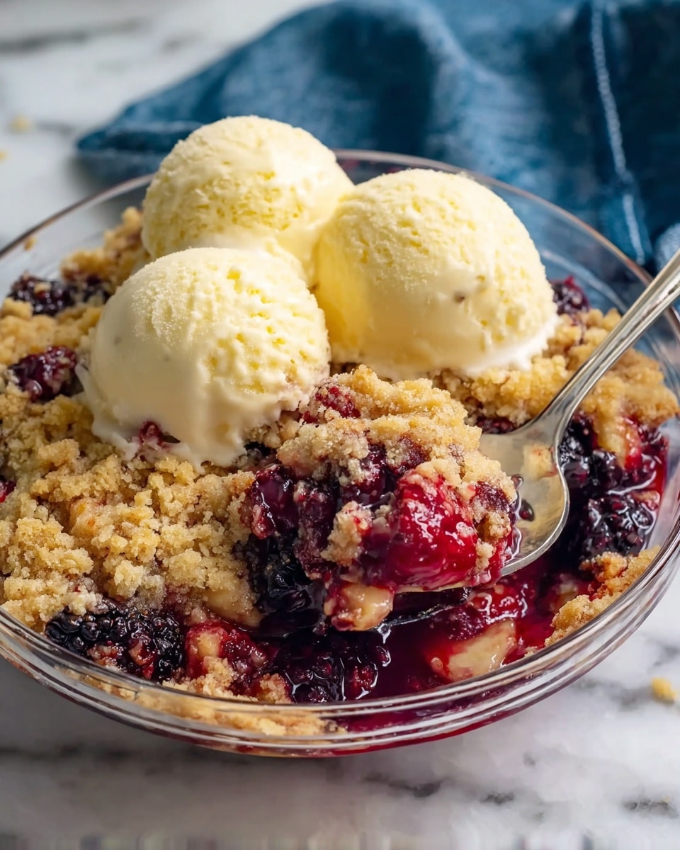 A close-up of a dessert in a clear bowl with three scoops of pale yellow ice cream on top. The dessert has a crumbly golden brown layer covering a bright red berry filling mixed with dark blackberries and chunks of fruit underneath. A silver spoon rests in the bowl, lifting a portion of the berry and crumb mixture at the front. The bowl is set on a white marbled surface with a piece of blue cloth nearby. Photo taken with an iphone --ar 4:5 --v 7