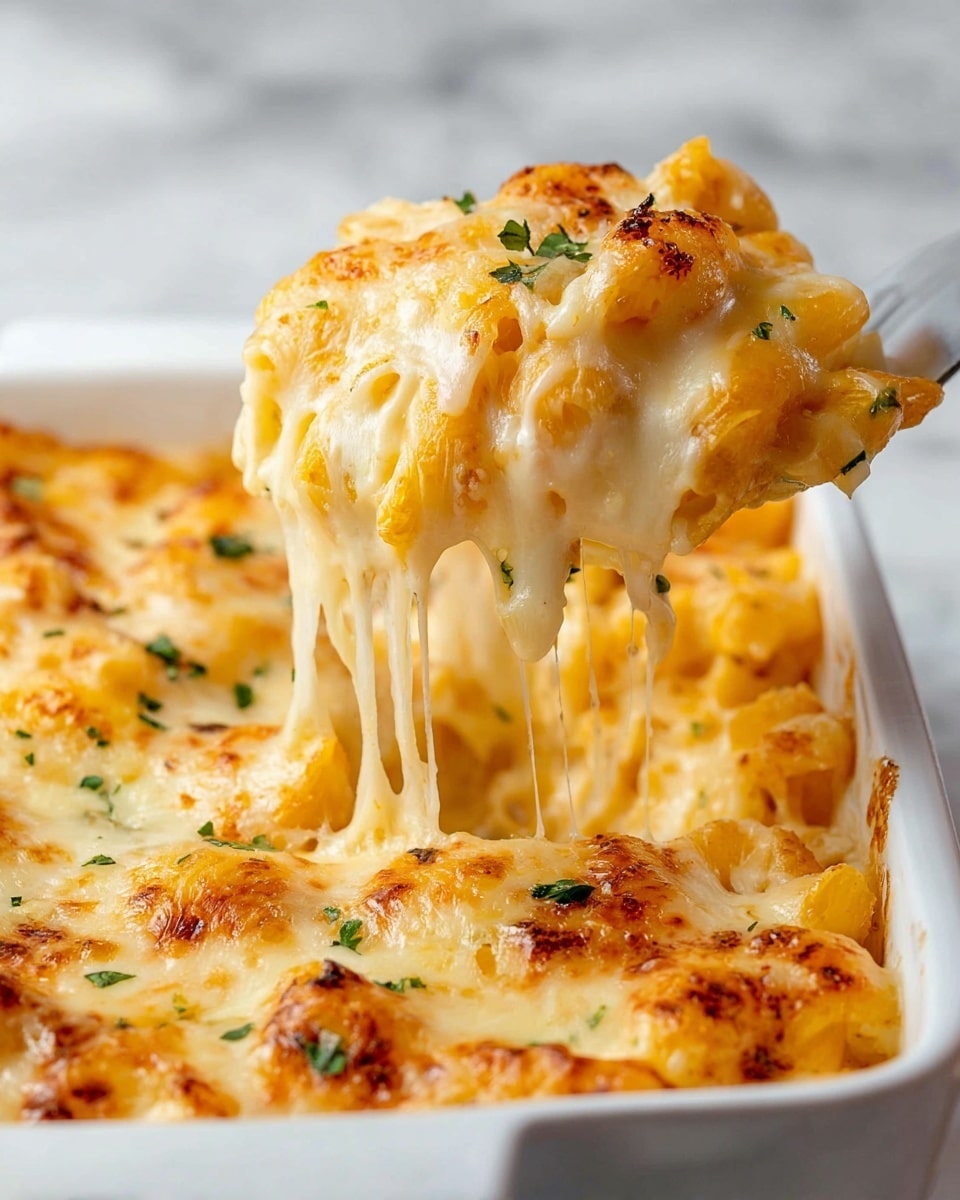A white baking dish filled with a creamy, cheesy mac and cheese is shown with a portion being lifted by a spatula. The dish has multiple layers: the bottom layer is soft, yellow macaroni pasta, followed by a thick, gooey layer of melted cheese that is golden brown on top with a bubbly texture. Small green herb bits are scattered on the top, adding a fresh touch. The cheese is stretchy and melting, forming long strings as the portion is lifted. The background features a white marbled surface. photo taken with an iphone --ar 4:5 --v 7