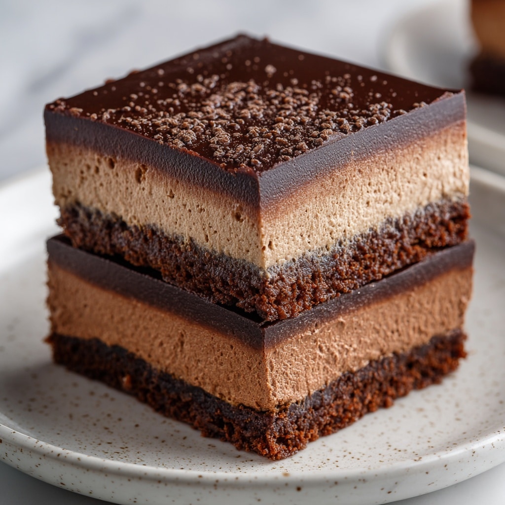 The image shows a dessert with three clear layers. The bottom layer is a dense, dark brown brownie with a slightly rough texture. Above it is a thick, light brown chocolate mousse layer that looks smooth and fluffy with some small air bubbles. The top layer has a shiny, dark chocolate glaze that is very smooth and slightly wavy. Each square piece is cut cleanly, showing the distinct layers well. One piece sits on a white plate with a subtle speckled pattern, and the background is a white marbled texture. photo taken with an iphone --ar 4:5 --v 7