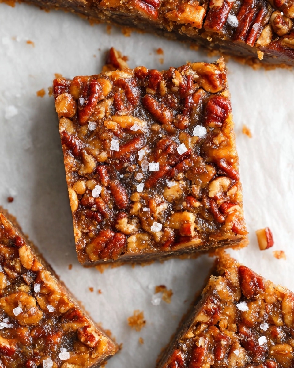 The image shows a close-up view of four square pecan bars on white parchment paper over a white marbled surface. Each bar has a thick, dense layer filled with crunchy pecan pieces in shades of brown and reddish-brown, with a sticky, glossy texture that hints at a caramel or syrup base. The top is sprinkled with coarse sea salt crystals that contrast with the warm, nutty colors. The edges of the bars are slightly darker, giving a baked look, and the bars are arranged with small crumbs around them, creating a homemade, rustic feel. photo taken with an iphone --ar 4:5 --v 7