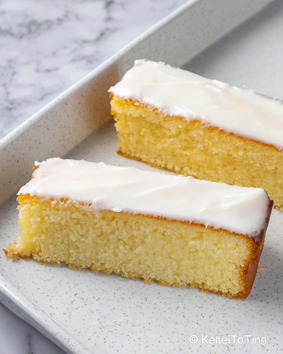Two slices of light yellow cake with a soft, crumbly texture sit side by side on a white speckled tray. Each slice has a smooth, thick layer of white icing spread evenly on top, creating a clean contrast against the cake's golden edges. The background shows a white marbled surface, adding an elegant touch to the simple presentation. photo taken with an iphone --ar 4:5 --v 7