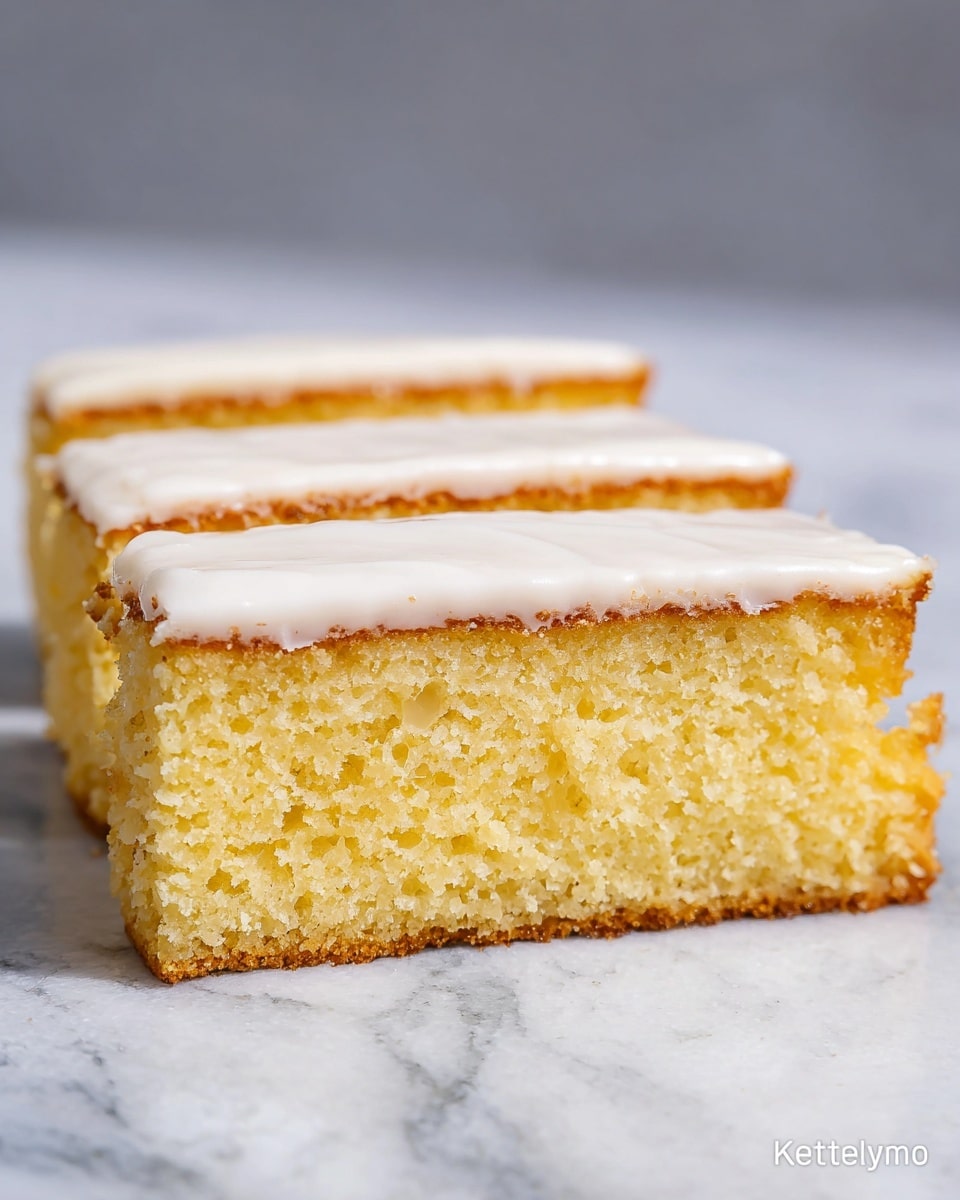 The image shows three slices of a moist yellow cake with a soft, crumbly texture arranged in a row. Each slice has a thin, smooth white icing layer on top, covering the entire surface evenly. The cake layers are about two inches thick, with a slightly golden brown crust on the sides, contrasting with the light yellow crumb inside. The slices are placed on a flat surface with a white marbled texture that adds a clean and elegant look to the setting. Photo taken with an iphone --ar 4:5 --v 7