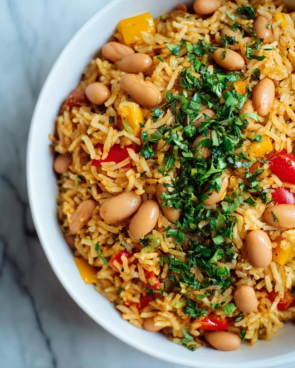 This image shows a close-up of a colorful dish with three main layers visible: the first layer is long white grains of rice mixed with small, round, pale beige beans scattered evenly throughout; the second layer consists of chopped red and yellow bell peppers and small bits of tomato pieces adding bright red and yellow pops; the third layer is fresh green cilantro leaves chopped and spread across the dish, adding a fresh green color contrast. All the ingredients appear moist and well mixed, sitting on a white plate with a white marbled textured surface underneath, showing a vibrant and appetizing texture. Photo taken with an iphone --ar 4:5 --v 7