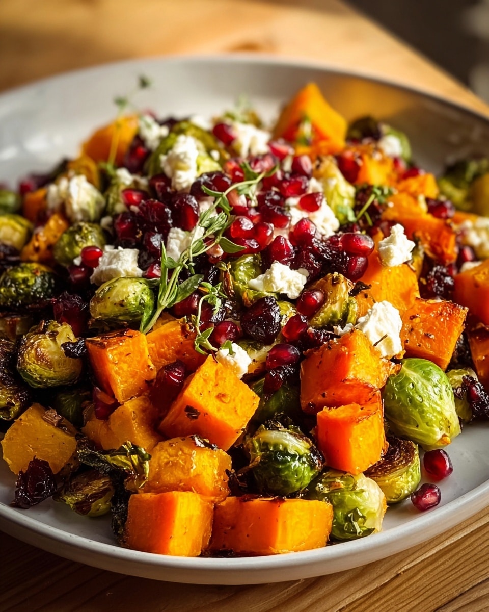 A close-up of a white plate filled with a colorful mix of roasted vegetables and toppings in three layers: the bottom layer has large bright orange cubes of roasted butternut squash with some caramelized edges, the middle layer is made of green Brussels sprouts halved or whole with light char marks, and the top layer shows scattered deep red pomegranate seeds and small white crumbles of feta cheese, all gently mixed with some small green herb leaves. The plate is set on a wooden surface with soft natural light highlighting the textures. photo taken with an iphone --ar 4:5 --v 7