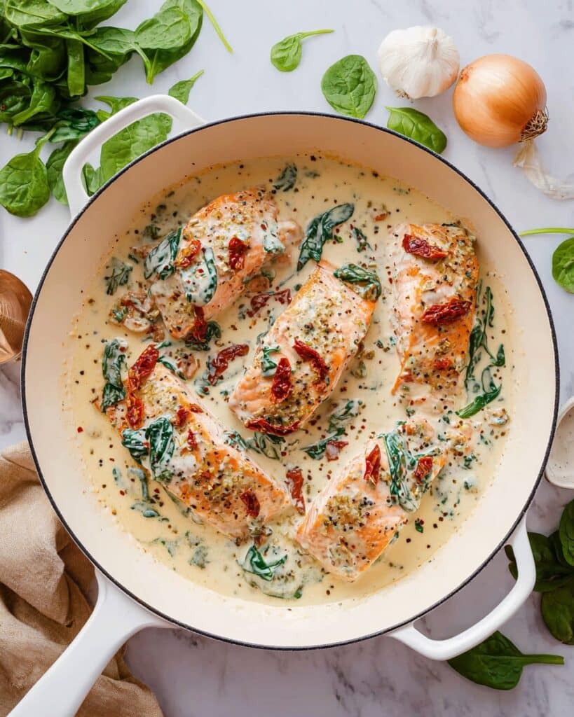 Tuscan Salmon with Sun-Dried Tomatoes and Creamy Parmesan Sauce Recipe