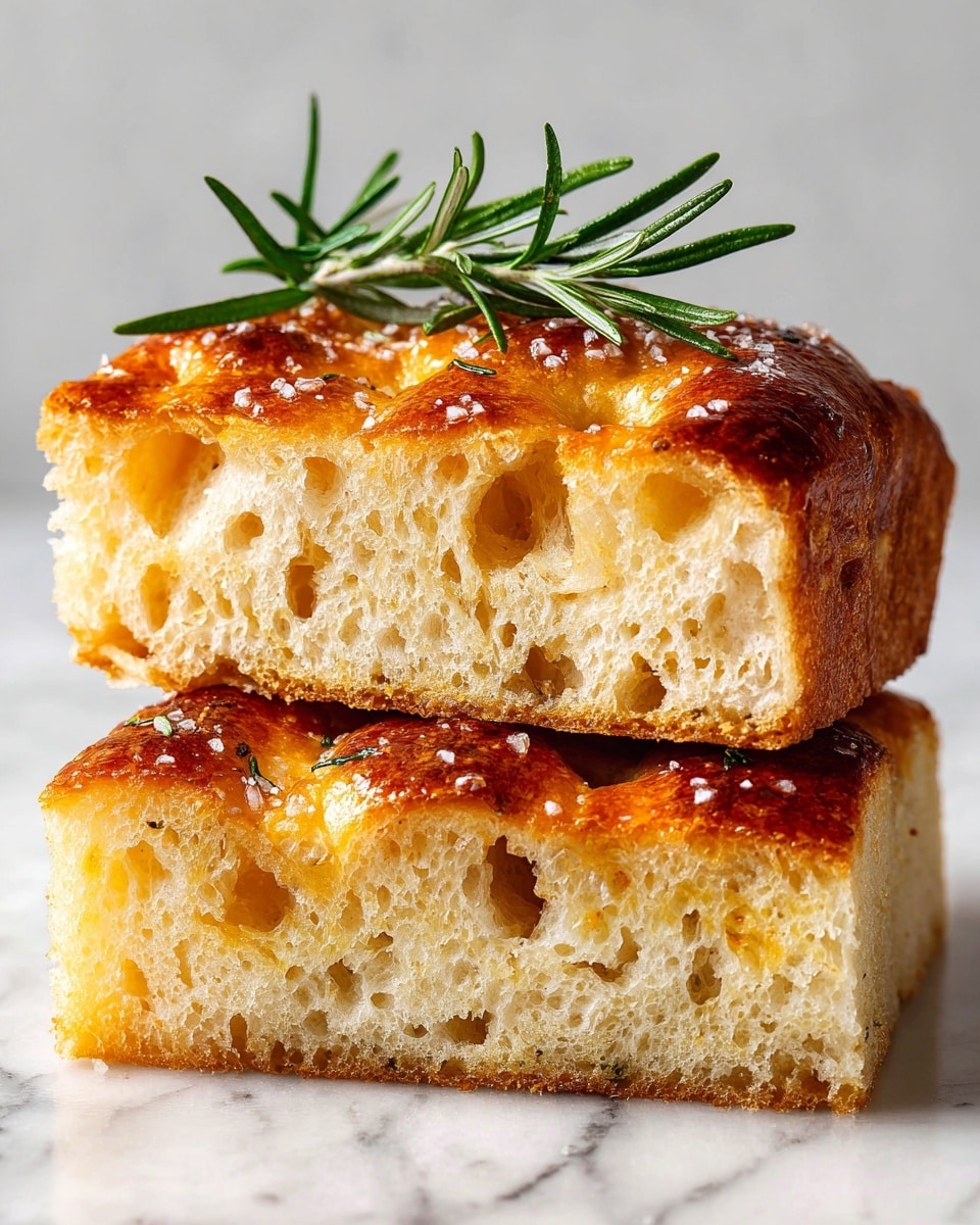 The image shows two thick slices of golden focaccia bread stacked on each other against a white marbled background. The bread has a shiny, slightly crispy crust sprinkled with coarse salt and some small seeds, while the inside is soft and fluffy with large air pockets visible throughout. A sprig of fresh green rosemary rests on the top slice, adding a touch of color to the warm, toasted brown tones of the bread's surface. Photo taken with an iphone --ar 4:5 --v 7