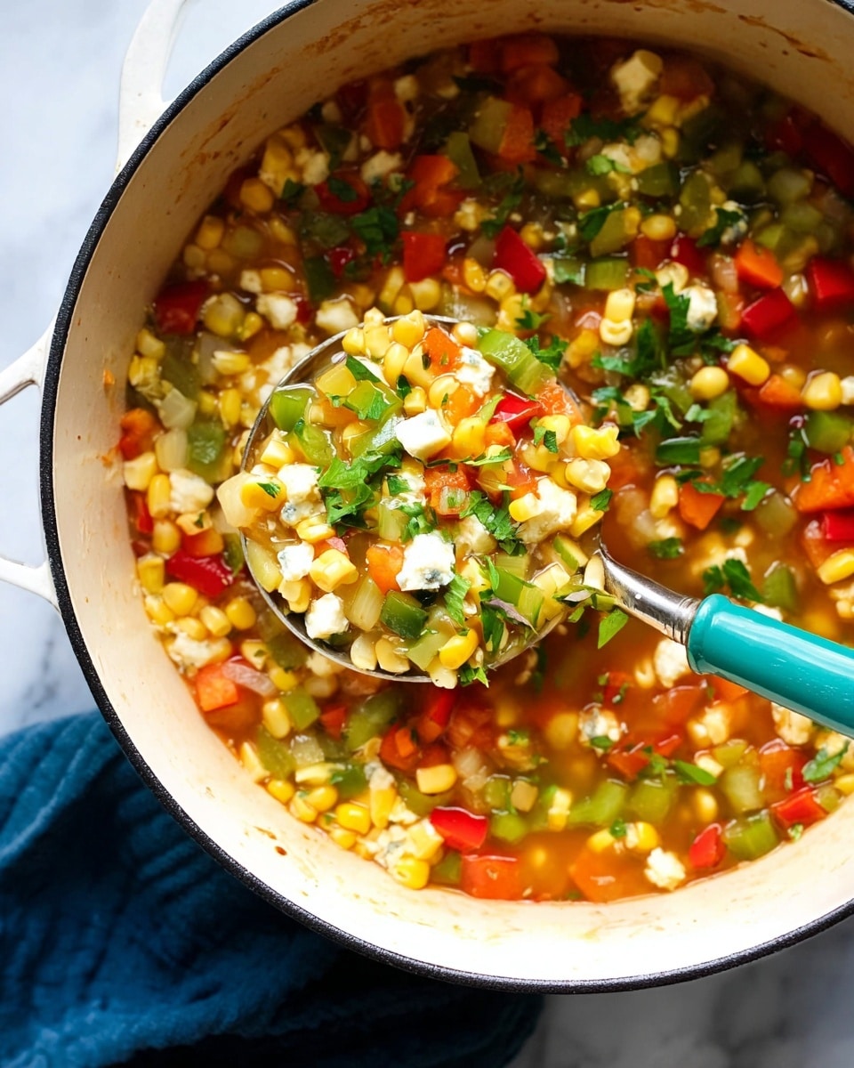 A white pot filled with a colorful mix of cooked vegetables including bright yellow corn, green and red bell peppers, diced green onions, chunks of zucchini, and bits of cauliflower, all mixed together with some herbs sprinkled on top. There is a silver spoon inside the pot towards the right side, partially submerged in the vegetable mixture. The pot sits on a black square mat, all placed on a white marbled surface with scattered corn kernels and sprigs of green herbs nearby. A dark blue cloth rests near the top right corner. Photo taken with an iphone --ar 4:5 --v 7