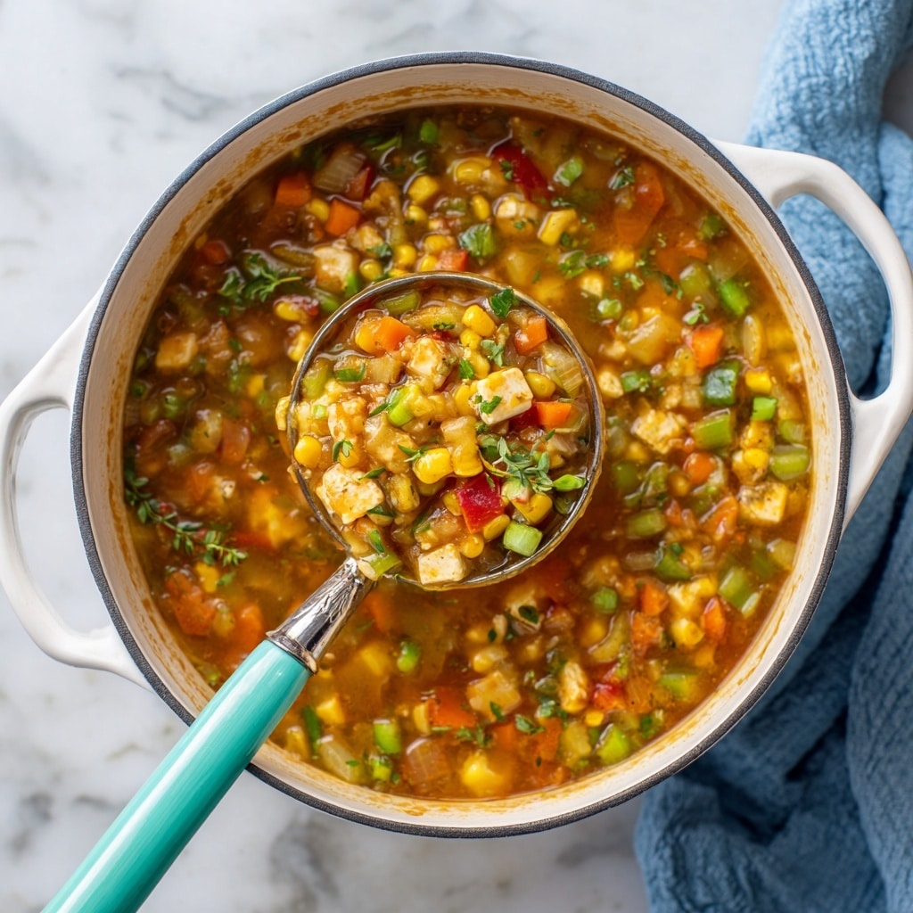 A close-up of a white pot filled with a cooked mix of colorful vegetables and small white cheese chunks; the dish has multiple layers including bright yellow corn kernels, green bell peppers and sliced green onions, red and orange diced bell peppers, small white onion pieces, and fresh green herb leaves scattered on top. A silver ladle with a turquoise green handle is placed in the pot, partially submerged in the broth, lifting a spoonful of the mixed vegetables and cheese. The pot rests on a white marbled surface with a folded blue cloth nearby. Photo taken with an iphone --ar 4:5 --v 7