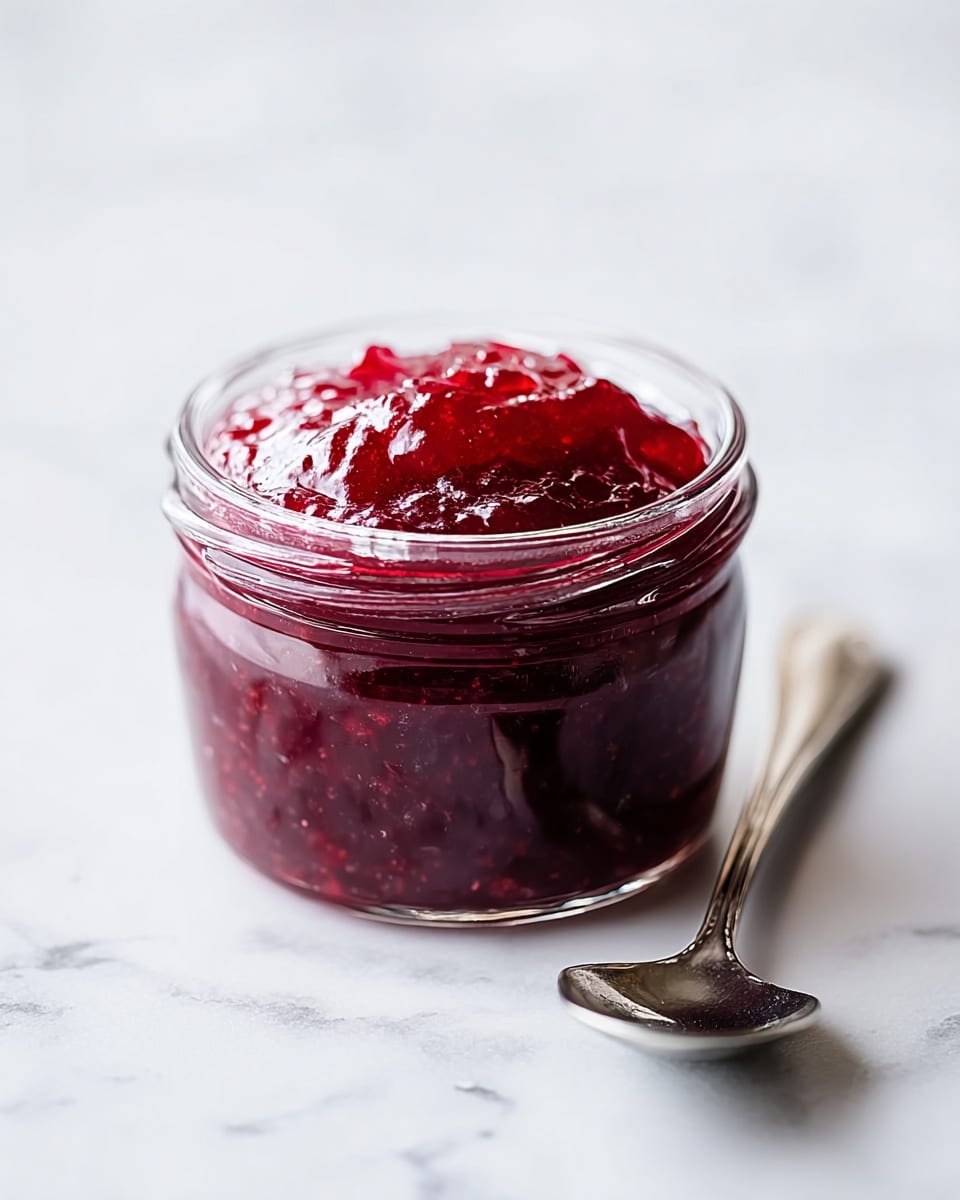 A small clear glass jar filled with thick, deep red jam showing a shiny, slightly chunky texture. The jam is filled to the top and slightly peaks above the jar's rim, showcasing its rich, glossy surface. Next to the jar, on a white marbled surface, lies a small silver spoon with a smooth, reflective shine. The background is softly blurred with a clean white marbled texture. photo taken with an iphone --ar 4:5 --v 7