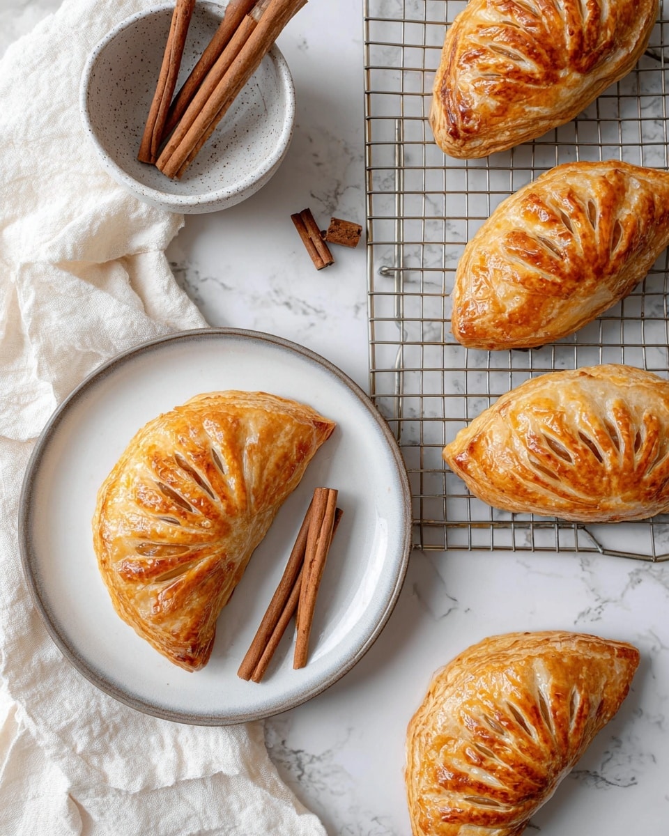 The image shows golden brown puff pastries with a shiny, flaky top layer, each shaped like a half-moon with curved slits on top creating a fan-like pattern. One pastry is placed on a white plate with a gray edge, alongside two long cinnamon sticks that have a rough, textured surface. To the right, four more pastries rest on a metal cooling rack with a grid pattern, showing their layered puff pastry edges. At the top left, there is a small white bowl with a gray rim holding two cinnamon sticks, resting next to a crumpled white cloth on a white marbled surface. Photo taken with an iphone --ar 4:5 --v 7