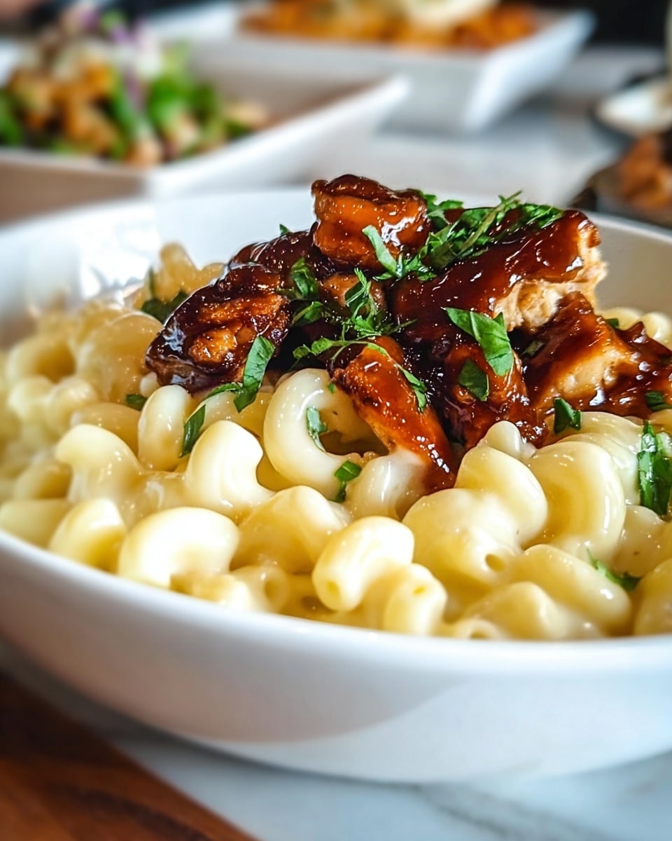 A close-up view of a white bowl filled with creamy, soft macaroni pasta at the bottom layer, coated in pale yellow cheese sauce with a smooth texture. On top, there are pieces of glazed, dark brown barbecue chicken with a shiny, sticky surface, garnished with fresh green herbs scattered over the chicken. The bowl sits on a white marbled surface, and blurred dishes can be seen in the background. photo taken with an iphone --ar 4:5 --v 7