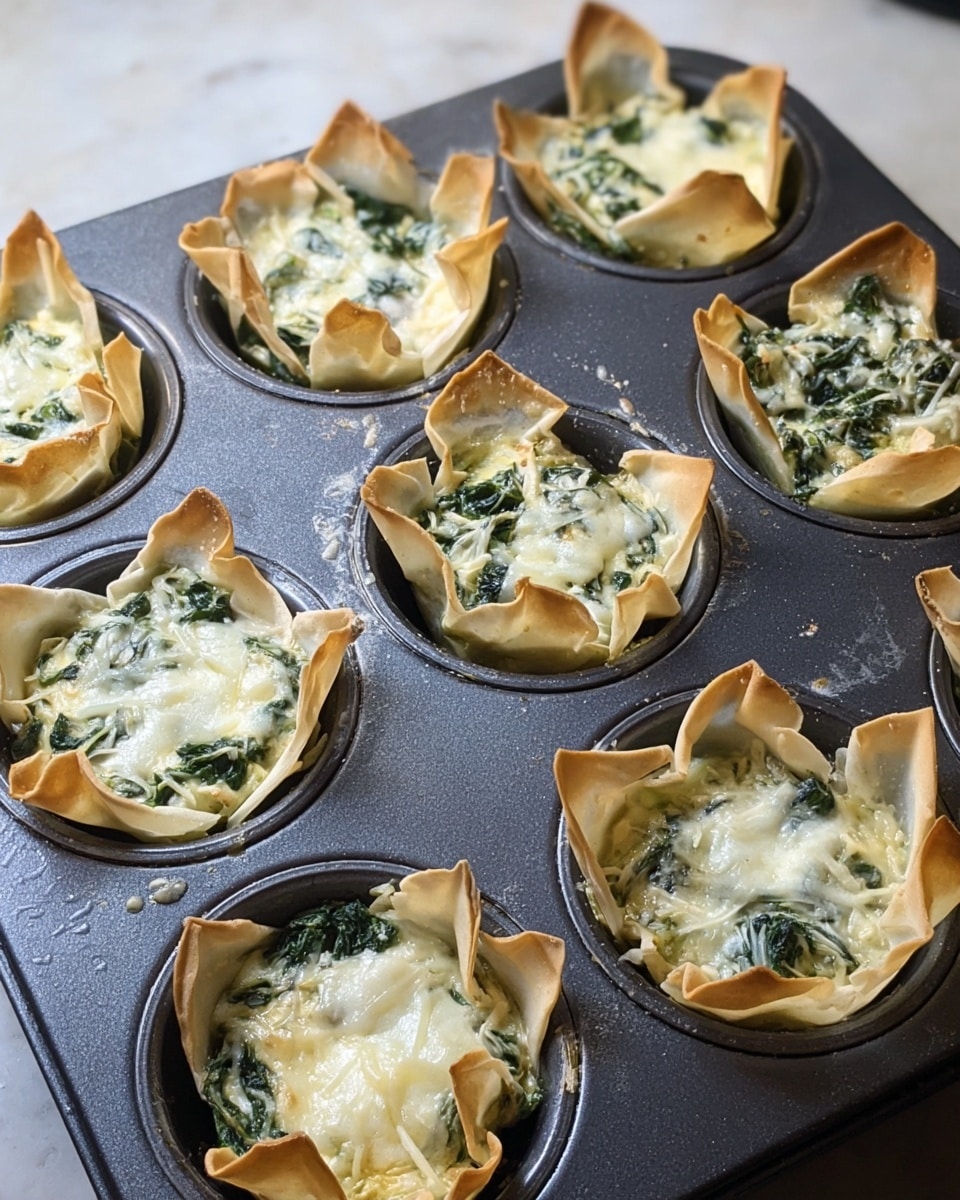 The image shows a dark gray muffin tin holding nine baked spinach and cheese cups. Each cup has a thin, lightly browned, crispy shell that holds a creamy filling made of wilted green spinach mixed with melted white cheese. The shells have ruffled edges that rise above the tin cavities, creating a flower-like shape. The spinach and cheese filling sits thickly on top of each shell, visibly textured with leafy bits and gooey melted cheese. The muffin tin is placed on a countertop, but the surface is changed to a white marbled texture. photo taken with an iphone --ar 4:5 --v 7
