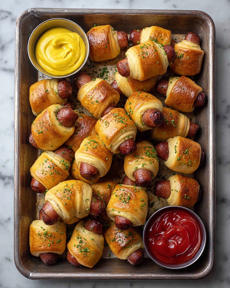 A metal tray filled with many small bite-sized pigs in a blanket, each with golden, shiny baked dough wrapped around a slightly visible brown sausage, topped with green herb sprinkles; two small metal bowls placed on the bottom right of the tray, one filled with smooth yellow mustard and the other with thick red ketchup; the tray rests on a white marbled surface. photo taken with an iphone --ar 4:5 --v 7