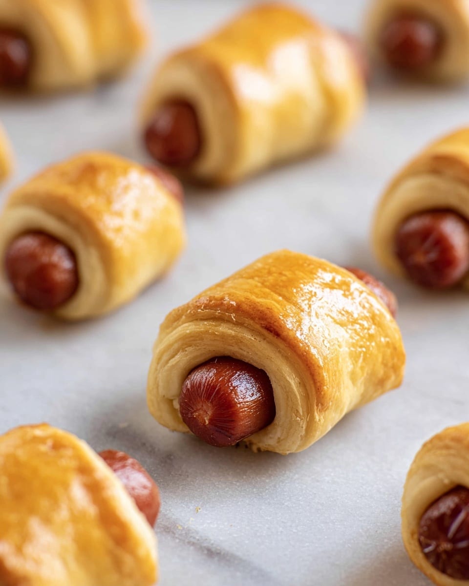 The image shows small, golden-brown pigs in a blanket arranged on a white marbled surface. Each piece has one layer of shiny, smooth, and slightly flaky pastry wrapped around a small reddish-brown sausage, with the sausage ends peeking out on both sides. The pastry looks soft and pillowy with a light glaze that gives a bit of a gloss. The pieces are spaced evenly, with some in the background softly blurred, while the ones in the front are in sharp focus, showing detailed texture on the dough and sausages. photo taken with an iphone --ar 4:5 --v 7