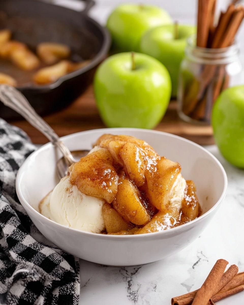 A white bowl filled with two main layers: the bottom layer is creamy white vanilla ice cream, smooth and rounded, and the top layer shows warm, golden-brown cooked apple slices coated in a shiny, sticky cinnamon syrup, giving a glossy texture. The bowl sits on a white marbled surface with a black and white checkered cloth nearby. In the background, there are fresh green apples, a wooden bowl with apples, a small glass jar filled with cinnamon sticks, and a cast iron pan slightly blurred. A vintage silver spoon rests inside the bowl. Photo taken with an iphone --ar 4:5 --v 7