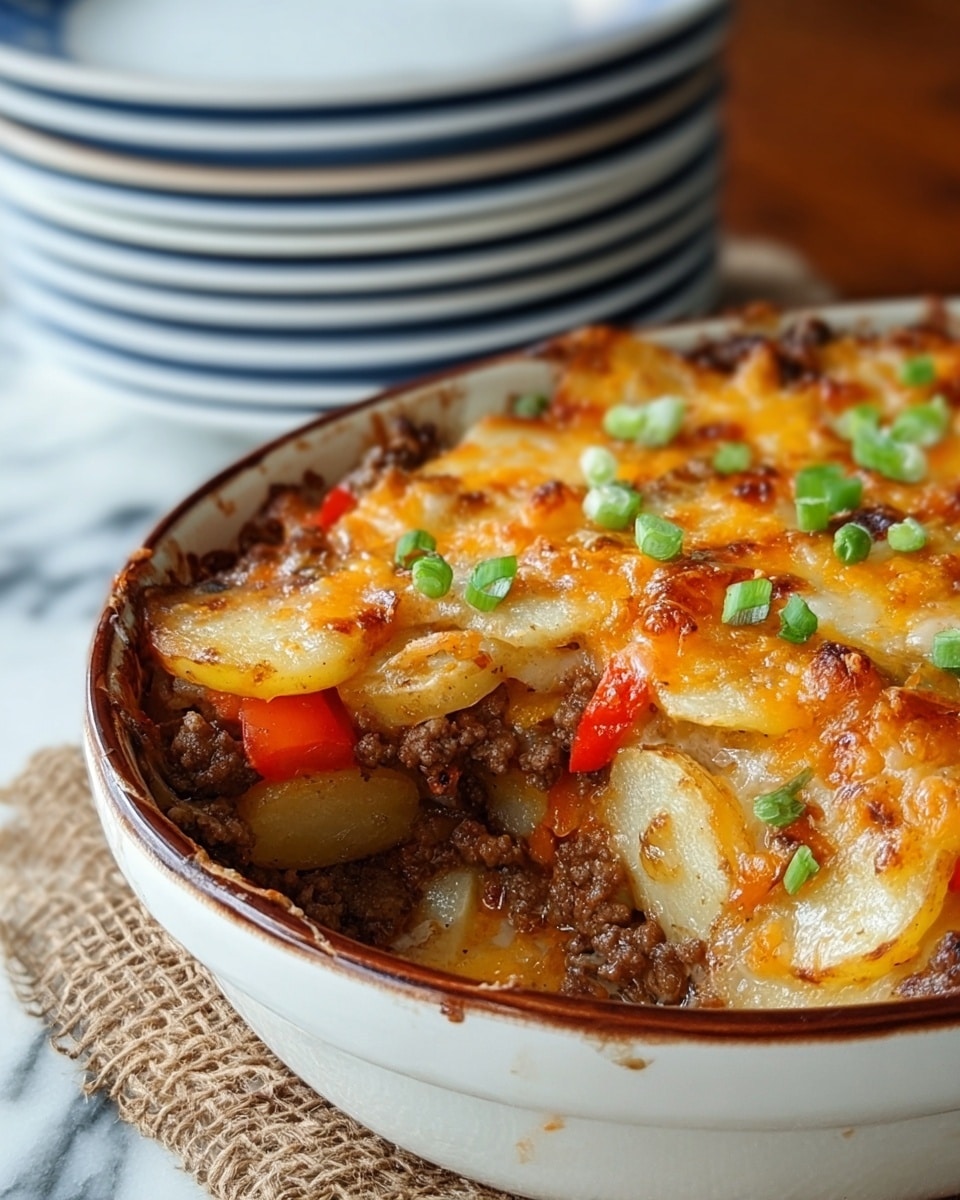 A close-up view of a baked casserole in a white ceramic dish, showing multiple layers: the bottom layer consists of light brown sliced potatoes with soft edges, followed by a thick layer of browned ground meat mixed with diced red and yellow bell peppers and onions, topped with melted golden-brown cheese that has slightly bubbly and crispy spots, and small pieces of chopped green onions sprinkled across the top. The dish is partly set on a woven cloth with a wooden table partly visible and stacked white plates with blue stripes in the background, all placed on a white marbled surface. Photo taken with an iphone --ar 4:5 --v 7