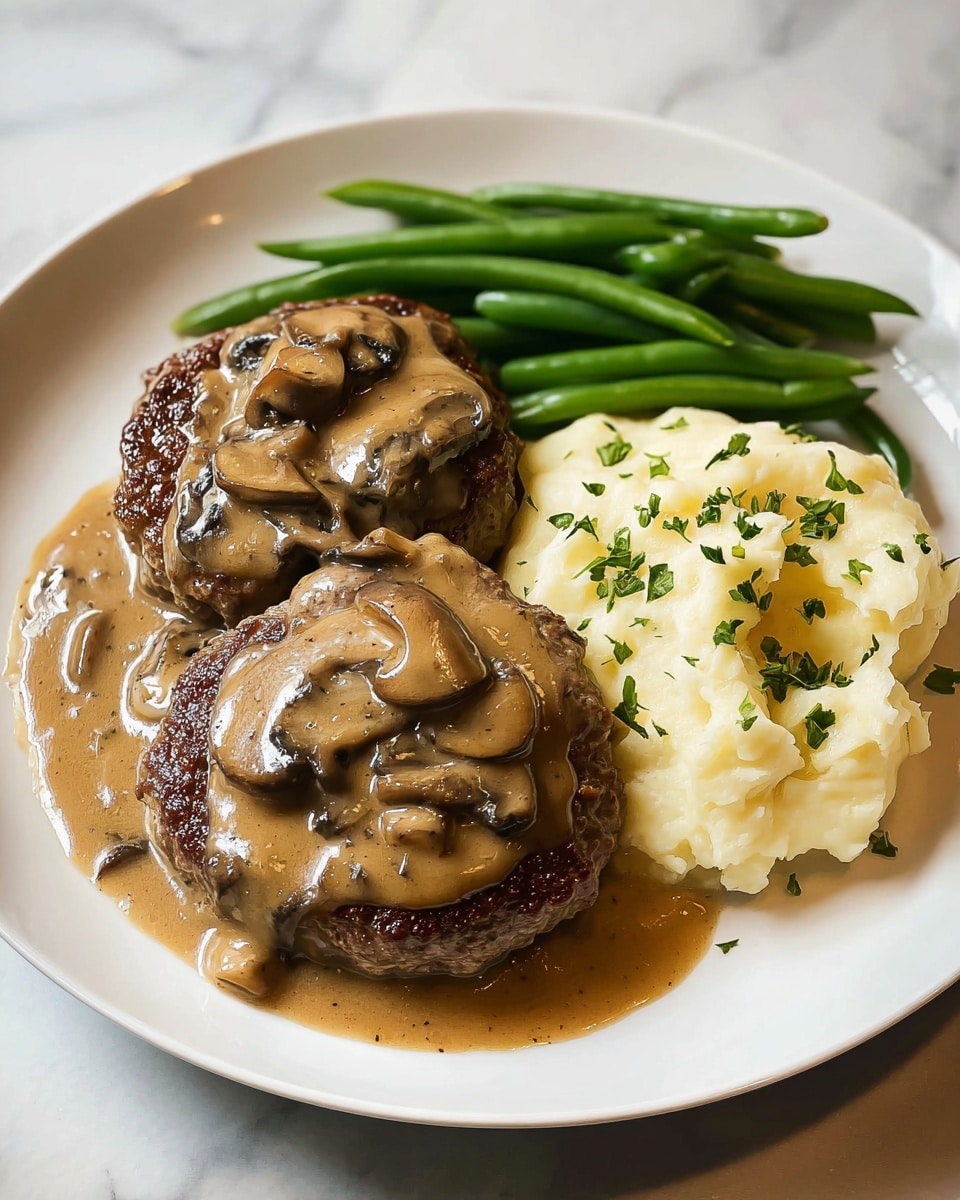 The dish shows a thick, round beef patty sitting on a bed of creamy mashed potatoes, both covered in smooth, light brown mushroom gravy with visible mushroom slices on top. Behind the patty, there is a neat row of bright green steamed green beans arranged on a white plate. The gravy and mashed potatoes spread slightly around the plate edges, with some fresh chopped green herbs sprinkled over the top. The image background features a white marbled texture. Photo taken with an iphone --ar 4:5 --v 7