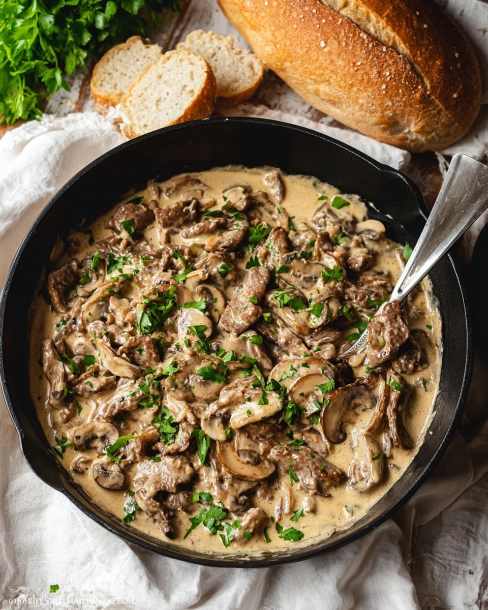 A black skillet filled with a creamy beige sauce that covers slices of light brown mushrooms and thin strips of cooked beef, all mixed well and garnished with bright green parsley leaves scattered on top, a metal spoon resting inside the skillet on the right side; in the background, a round loaf of crusty bread broken in half sits next to more green parsley on a white marbled texture, with a white cloth under and around the skillet. photo taken with an iphone --ar 4:5 --v 7