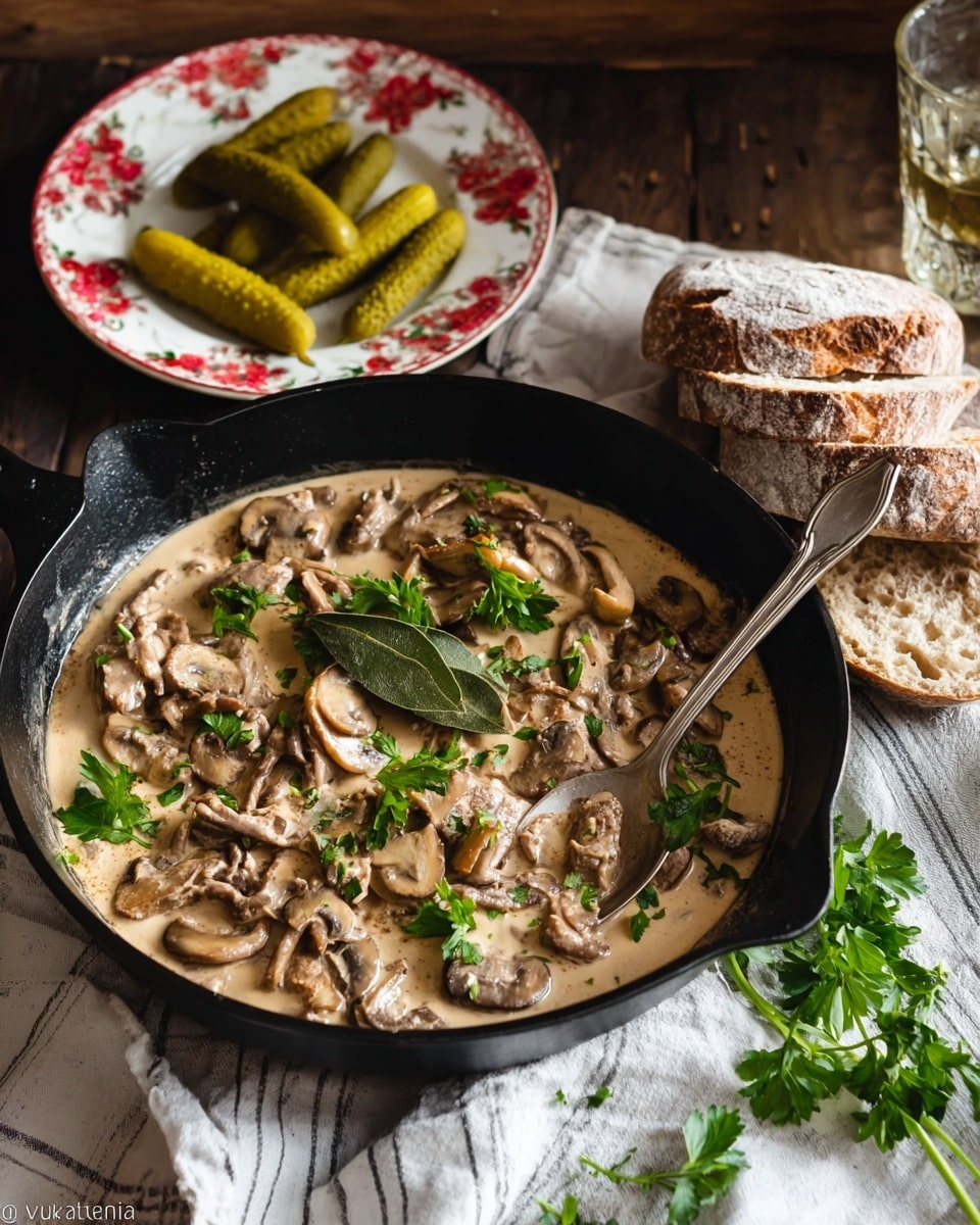A black cast iron skillet filled with creamy mushroom and beef stroganoff. The dish shows tender strips of beef mixed with sliced brown mushrooms in a light beige sauce, garnished with fresh green parsley leaves and a bay leaf on top. A silver spoon rests inside the skillet. Behind the skillet, there is a white plate with a red floral pattern holding several green pickles. Next to it, two pieces of rustic brown bread with a dusting of flour sit on a dark wooden table. A sprig of fresh parsley lies on a white and gray striped cloth napkin under the skillet, all placed on a white marbled surface. Photo taken with an iphone --ar 4:5 --v 7