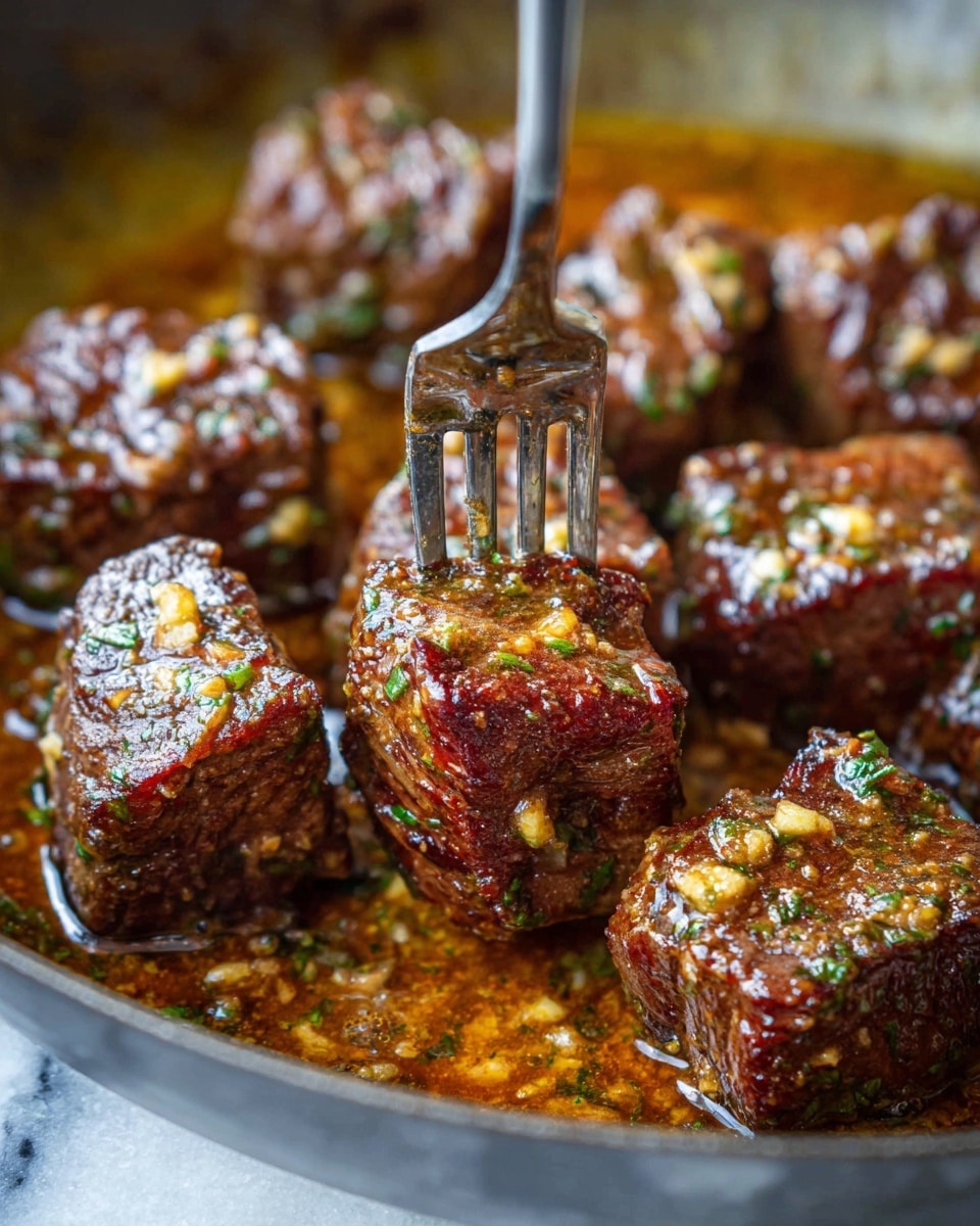 A black cast iron pan sits on a white marbled surface holding many pieces of browned beef chunks cooked in a rich orange-brown sauce with visible bits of garlic and herbs. The beef pieces are browned with a slightly crispy texture on top, showing some searing marks. The sauce pools around the beef with a glossy, oily shine, and fresh green herb sprinkles add color on top. Some parsley leaves lie nearby on the white marbled surface, and a beige cloth is partly visible at the bottom edge of the photo taken with an iphone --ar 4:5 --v 7