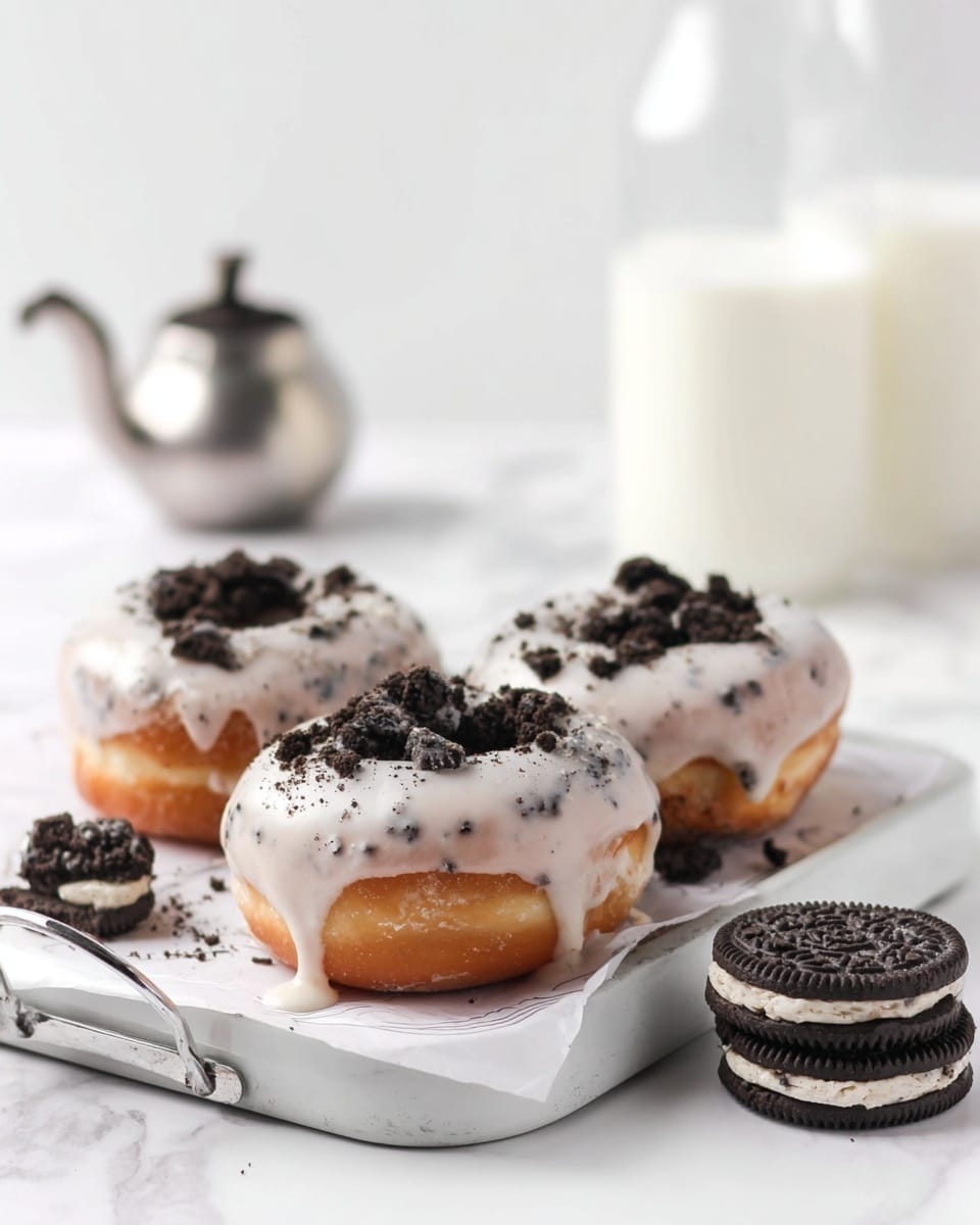 The image shows several round doughnuts with a light golden-brown base, each topped with a smooth layer of white icing that slightly drips over the edges. On top of the icing, there are dark crumbled pieces scattered unevenly, adding texture and contrast. One doughnut in the center shows a dollop of grayish cream filling peeking out from the side. The doughnuts are arranged on a white surface with a marbled texture, spaced evenly apart. photo taken with an iphone --ar 4:5 --v 7