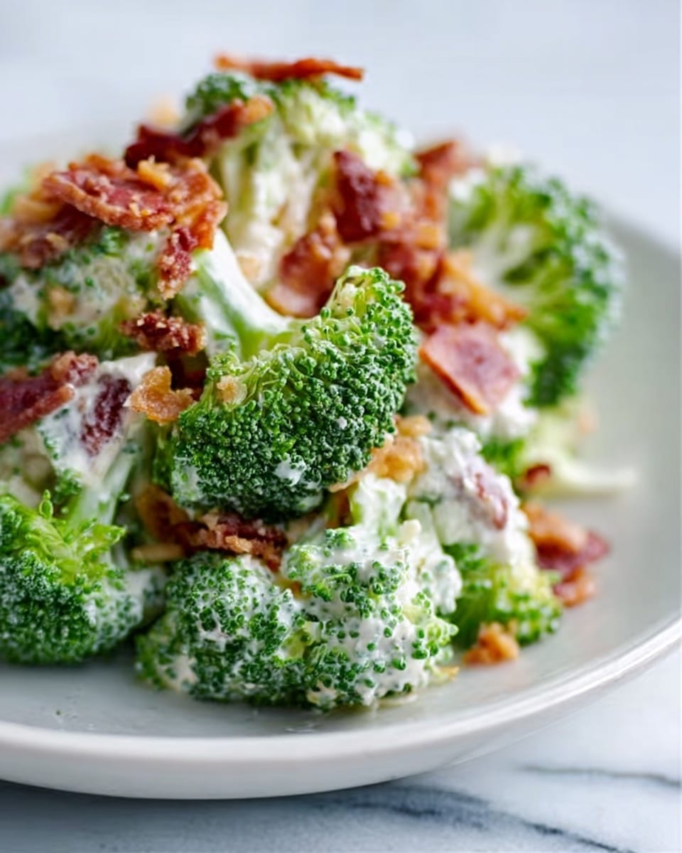 A white plate filled with a colorful broccoli salad sits on a white marbled surface. The salad has multiple layers with small green broccoli florets making up most of it. Scattered throughout are bright orange cubes of cheddar cheese, pale white pieces of cauliflower, and small chunks of red onion adding a purple color. The salad is coated lightly with a creamy dressing that clings to the vegetables, giving a slightly glossy texture. A gray cloth napkin is partly visible underneath the plate near the bottom corner. photo taken with an iphone --ar 4:5 --v 7