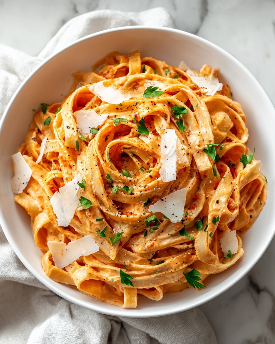 A white bowl filled with fettuccine pasta coated in a creamy tomato sauce with a light orange color, layered with parsley leaves scattered on top, and thin shavings of white cheese sprinkled evenly across the dish. The pasta strands have a smooth texture and are twisted together, with some pieces showing a light sheen of sauce. Black pepper specks are visible throughout the dish, adding contrast to the warm tones. The bowl sits on a soft white fabric on a white marbled surface. photo taken with an iphone --ar 4:5 --v 7