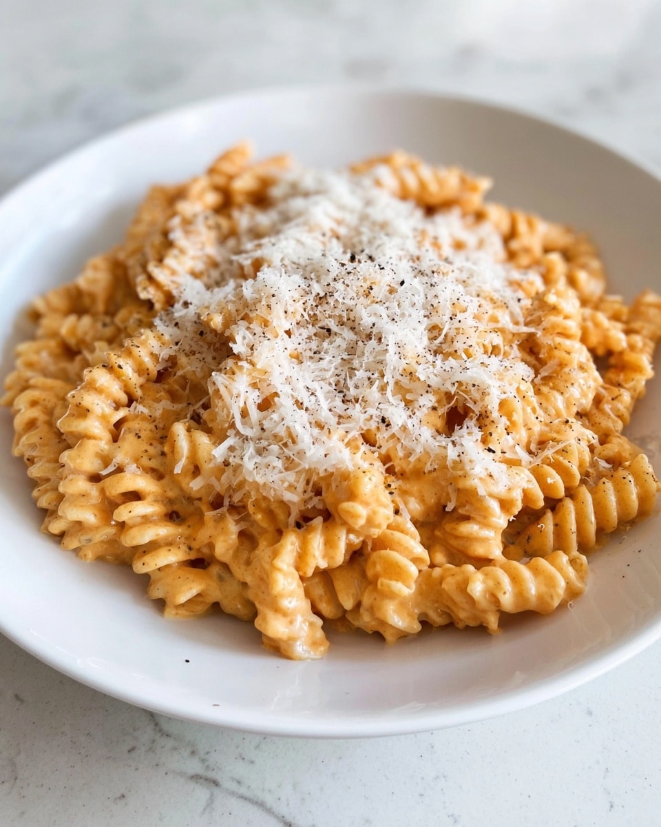 A white round plate holds a serving of spiral pasta covered in a creamy orange sauce, giving the dish a smooth and slightly thick texture. The pasta is topped with a generous layer of finely grated white cheese scattered unevenly across the surface, along with small specks of black pepper sprinkled over the top. The plate rests on a white marbled textured surface. photo taken with an iphone --ar 4:5 --v 7