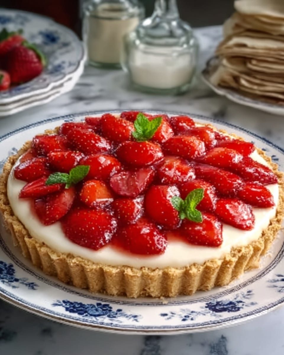 The image shows a round strawberry tart placed on a white plate with blue floral designs. The tart has a crumbly light brown crust as the base layer, topped with a smooth, creamy white filling. On top of the filling, there is a neat layer of halved fresh strawberries arranged in a circular pattern, displaying their bright red color and juicy texture. A few small green mint leaves are placed in the center for decoration. The plate sits on a white marbled surface, and in the background, some glass jars and a stack of crepes can be seen. Photo taken with an iphone --ar 4:5 --v 7