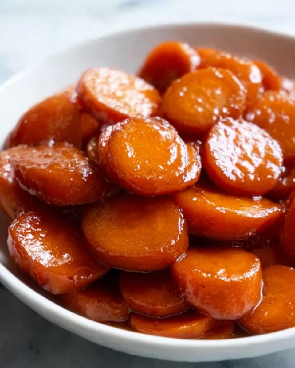 The image shows a close-up of a white bowl filled with glossy, cooked carrot slices. Each carrot slice is round, slightly thick, and coated with a shiny brown glaze that covers their orange color unevenly, giving a sticky texture. The carrots are piled closely together with some pieces overlapping, showing a soft and tender look. The bowl sits on a white marbled surface and the lighting highlights the carrots' shiny glaze. Photo taken with an iphone --ar 4:5 --v 7