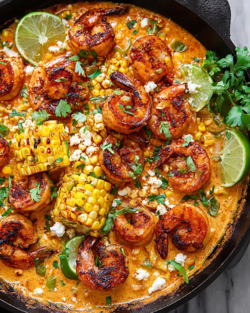 Shrimp and Creamed Corn Skillet with Feta and Lime Recipe