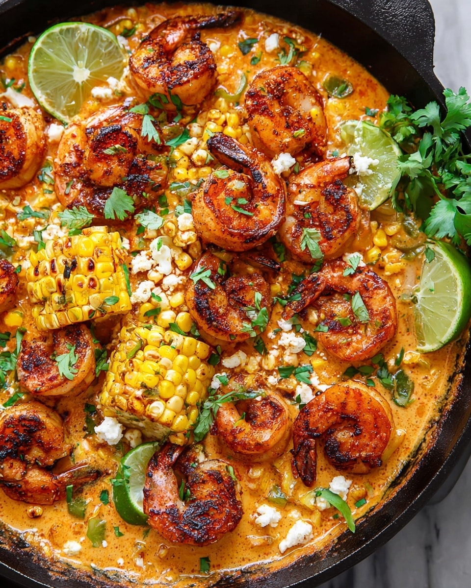 The dish shows a black cast iron pan filled with creamy, orange sauce that looks thick and rich, covering the bottom completely. On top, there are many large, grilled shrimp with a reddish-brown color and a slightly crispy texture. Scattered around and mixed in the sauce are pieces of bright yellow grilled corn with grill marks. Fresh green cilantro leaves are sprinkled over the shrimp and corn for color contrast. There are also small bits of white cheese scattered across the surface and three fresh lime wedges placed on one side of the pan. The background is a white marbled texture. Photo taken with an iphone --ar 4:5 --v 7