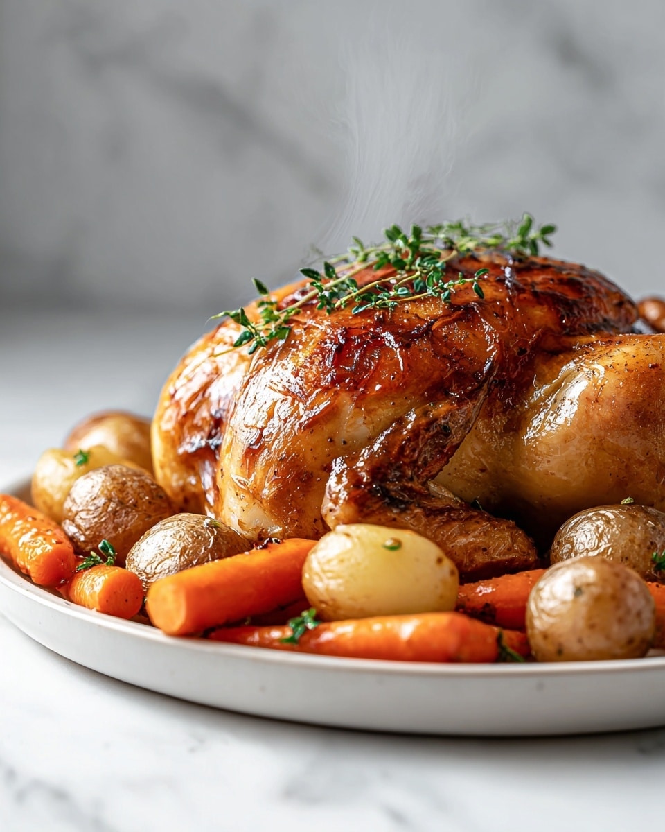 A white plate holds a whole roasted chicken with golden brown, shiny skin that looks juicy and crisp, topped with small green herb sprigs. Around the chicken, there are roasted baby potatoes in light brown tones with a slightly rough texture and bright orange carrots with a glossy finish and green herb bits on them. Steam rises gently from the chicken, showing it is hot. The background is a white marbled texture, making the food stand out. photo taken with an iphone --ar 4:5 --v 7